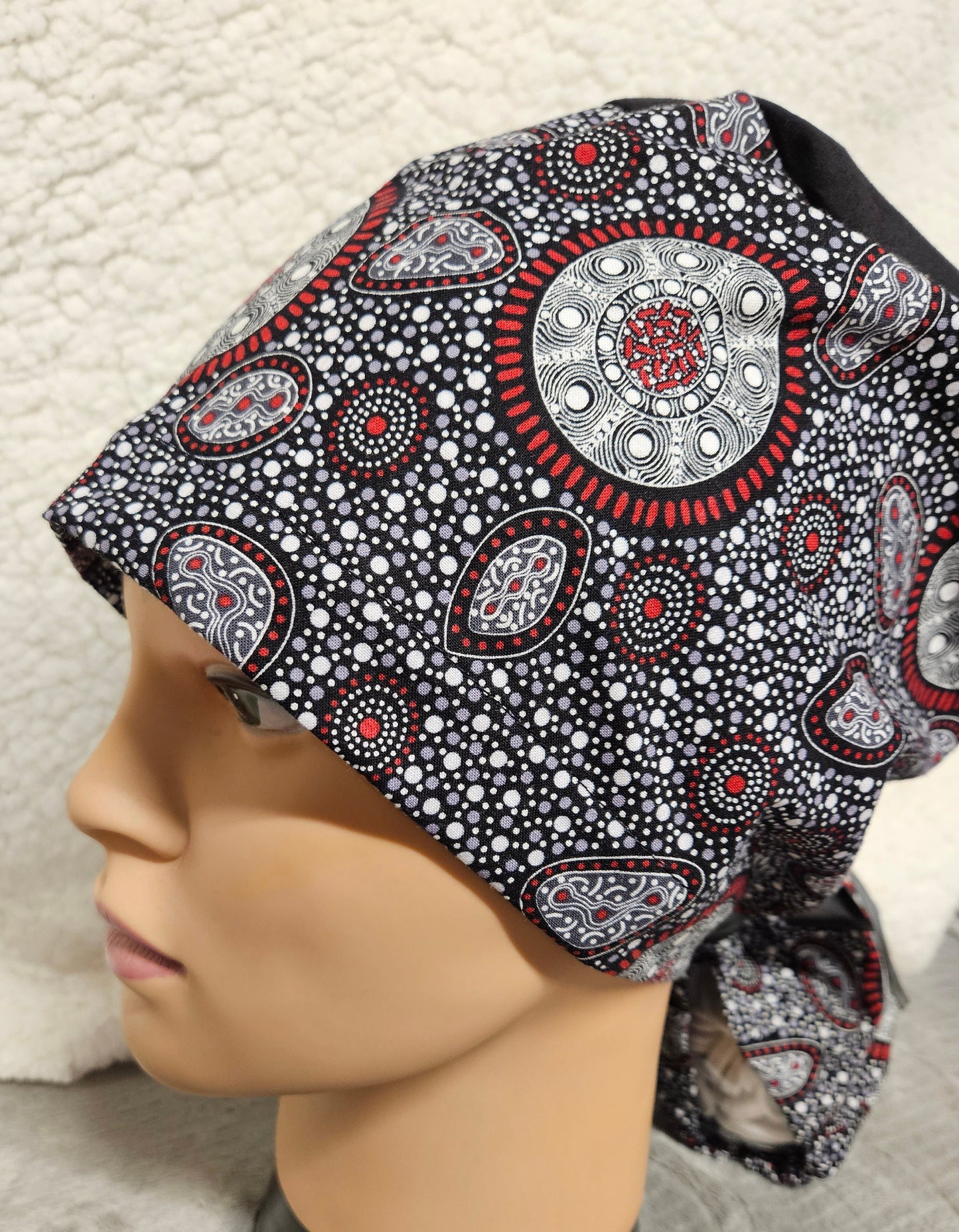 Black and Red Medalions Print Ponytail Pouch Scrub Cap Extra Volume Size