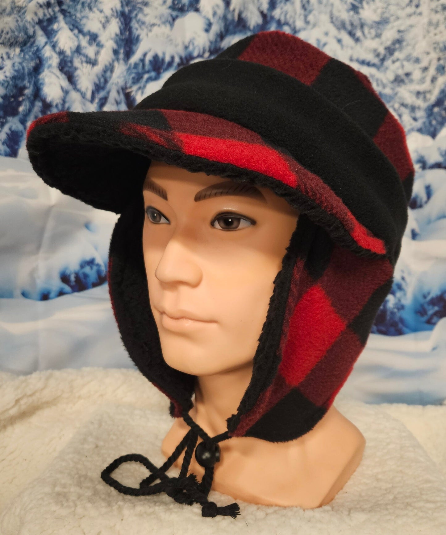 Red and Black Buffalo Check Fleece Aviator Hat with Visor