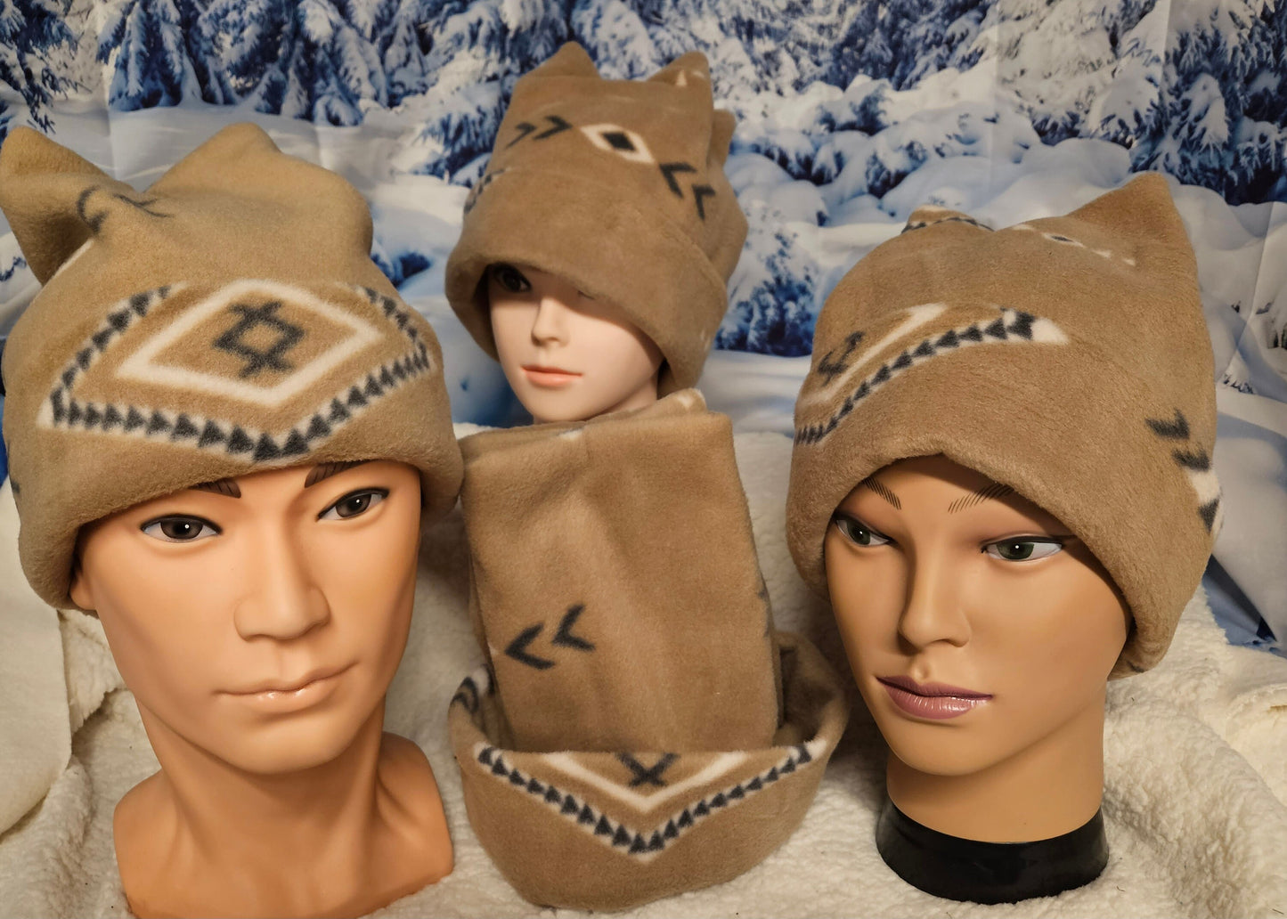 Beige Aztec Print 4 Point Fleece Winter Retro Hat