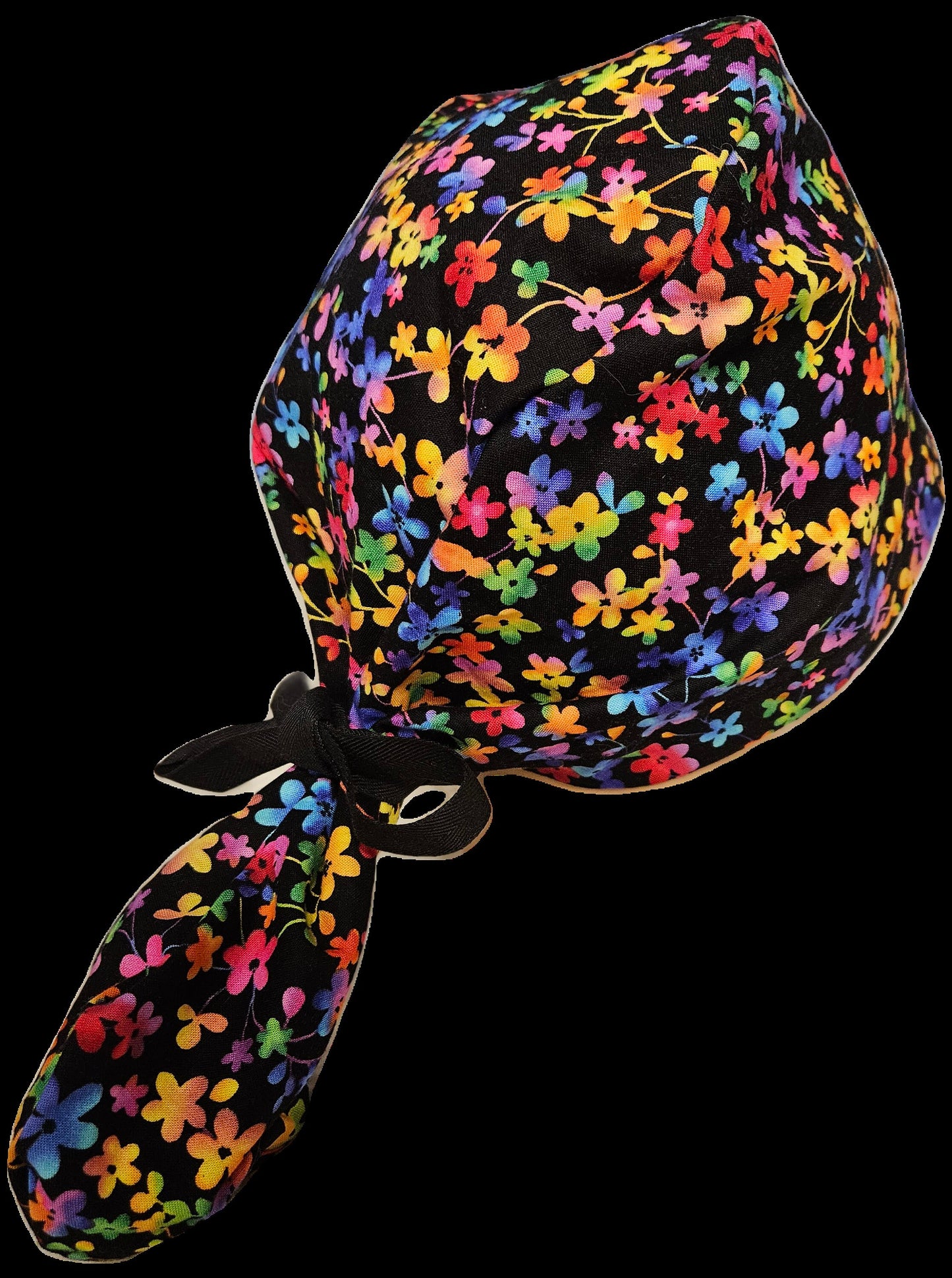 Rainbow Flowers Print Ponytail Pouch Scrub Cap Normal Volume Hair Size