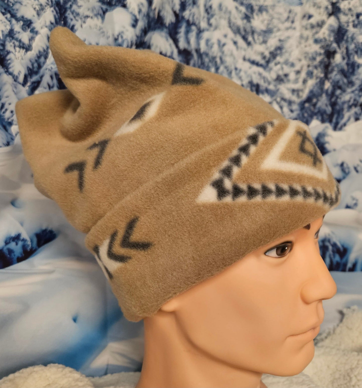 Beige Aztec Print 4 Point Fleece Winter Retro Hat