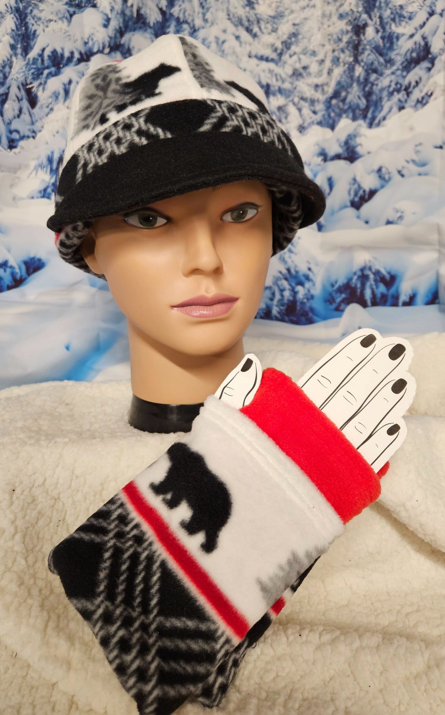 Bear Print Fleece Fingerless Gloves