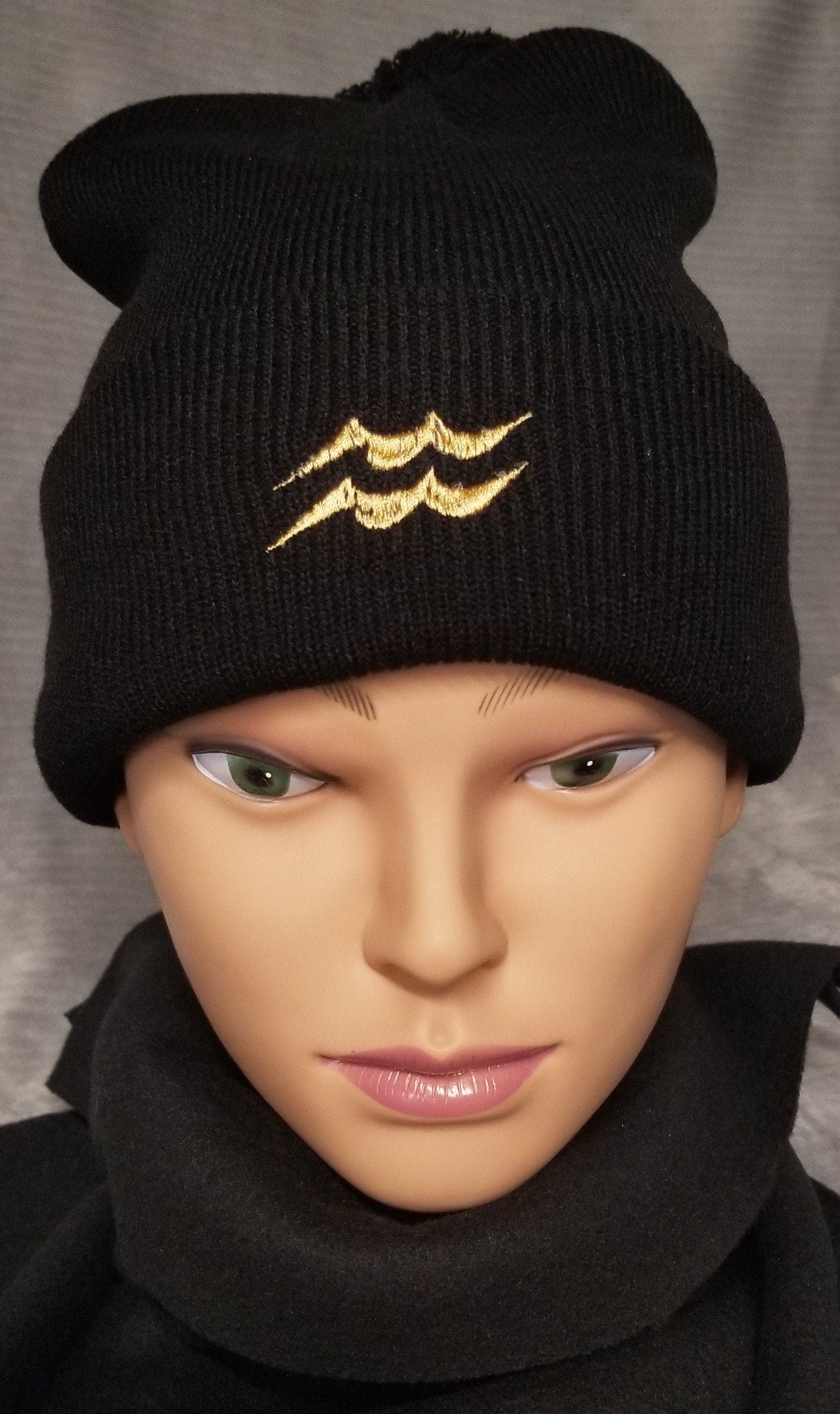Aquarius Zodiac Symbol Embroidered Beanie, Horoscope Beanie, Astrology Beanie, Birthday Beanie
