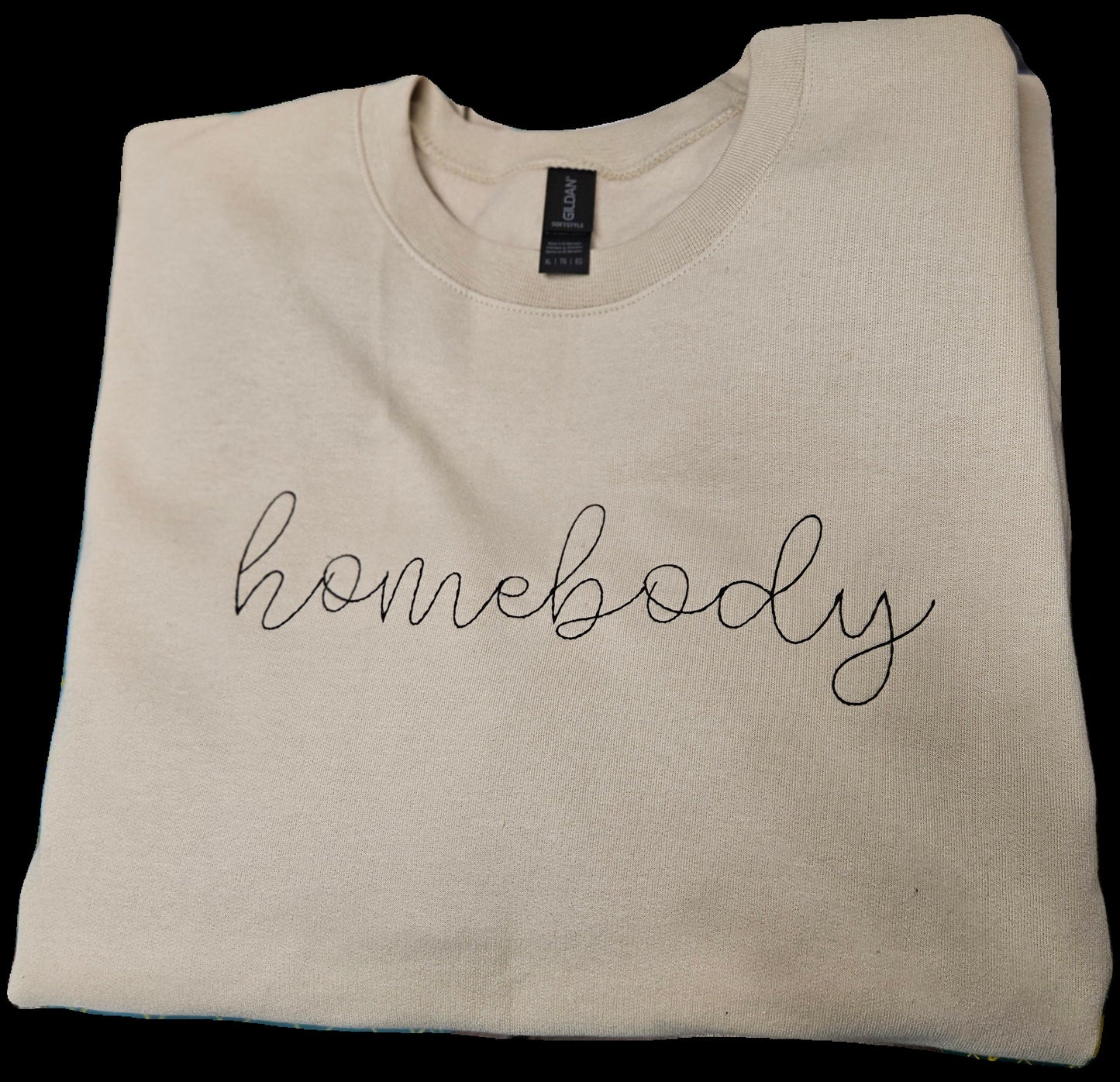Military Green Homebody Embroidered Sweatshirt with Black Lettering, Cozy Homebody Crew neck Sweatshirt