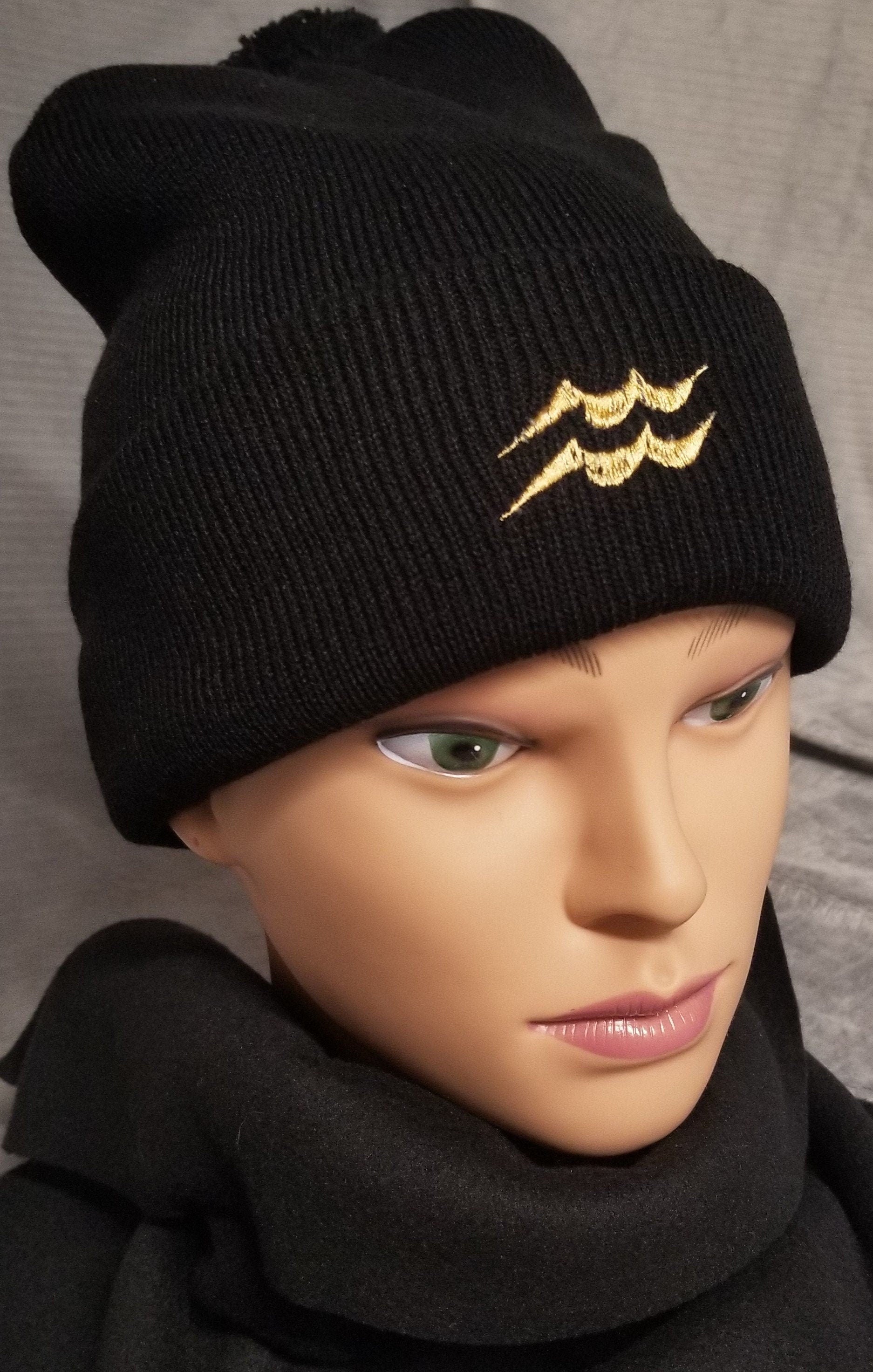 Aquarius Zodiac Symbol Embroidered Beanie, Horoscope Beanie, Astrology Beanie, Birthday Beanie