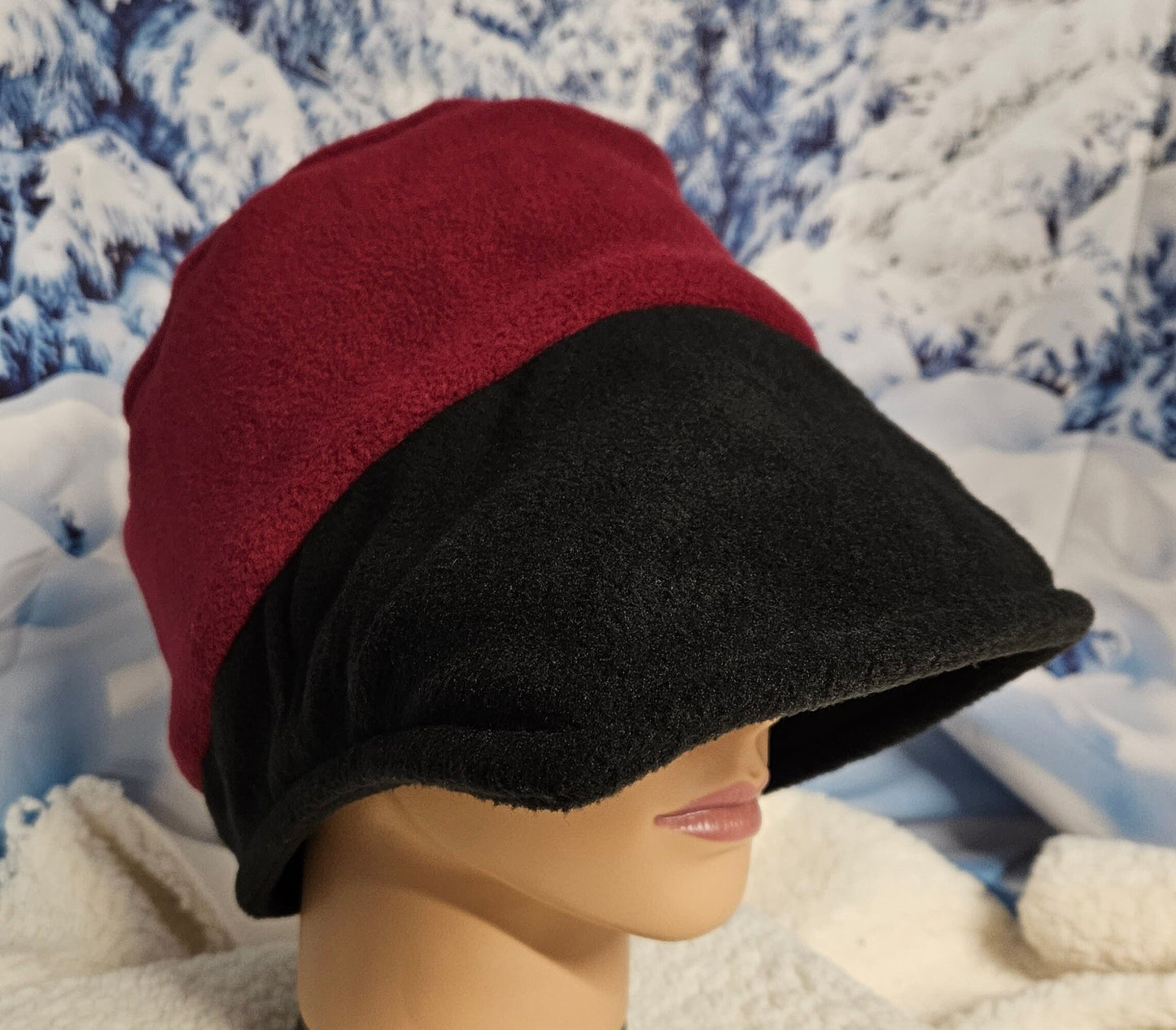 Wine Band and Top with Black Brim Anti Pill Fleece Winter Flapper Hat