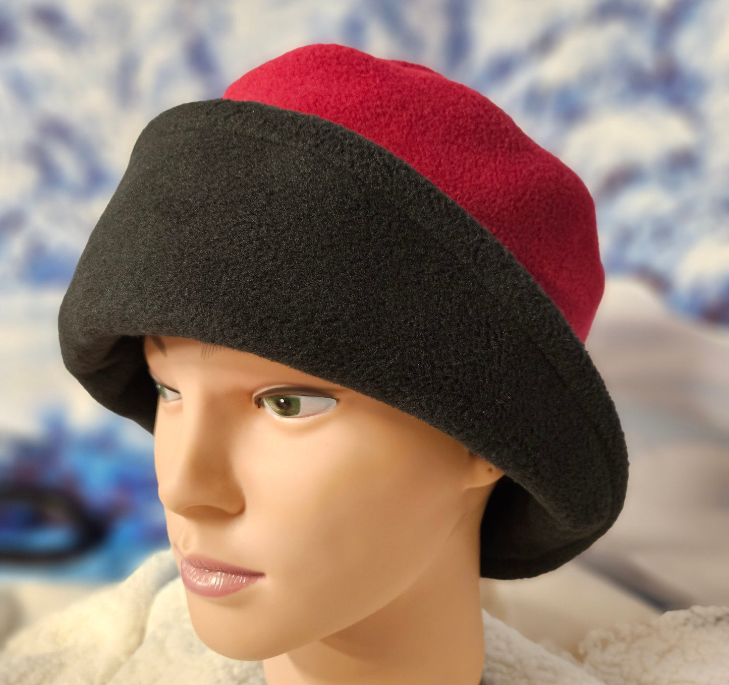 Wine Band and Top with Black Brim Anti Pill Fleece Winter Flapper Hat