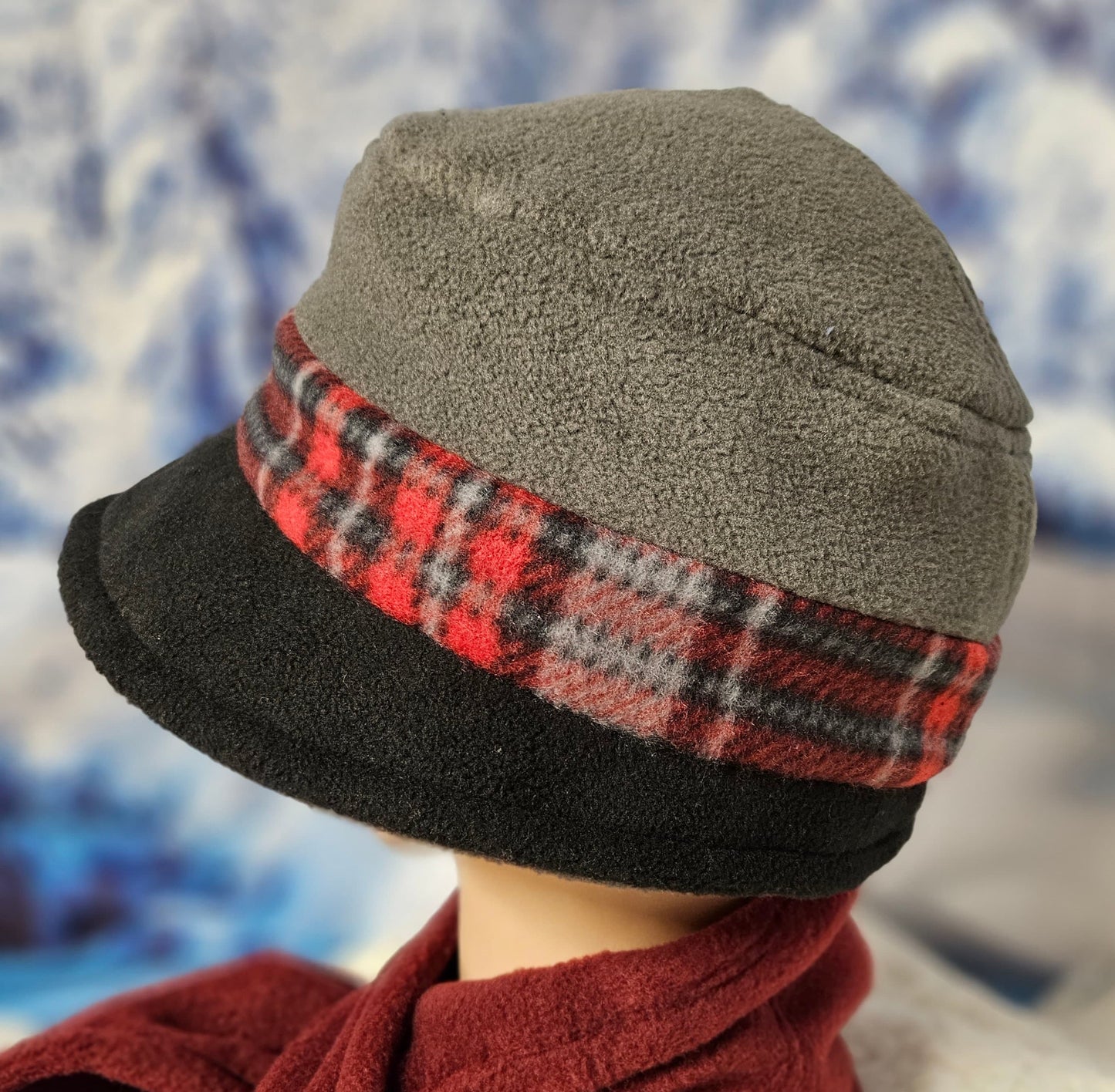 Gray with Red Plaid Print Winter Bucket Hat