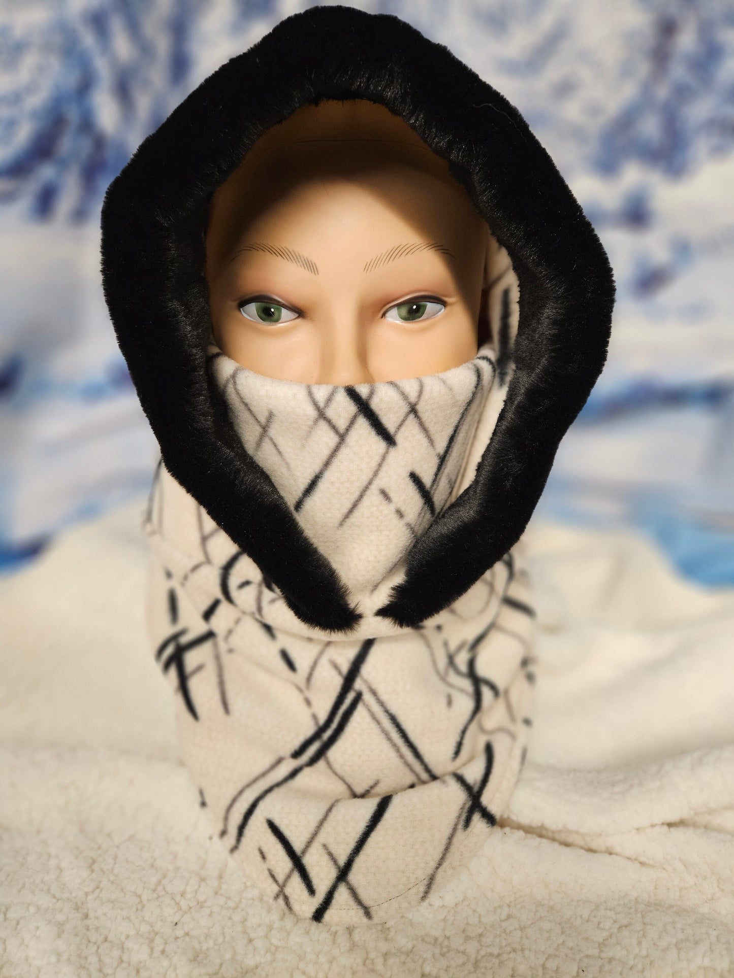 Beige with Black and Grey Spikes Anti Pill Fleece Small Balaclava with Rabbit Faux Fur Trim, Faux Fur Winter Hoods