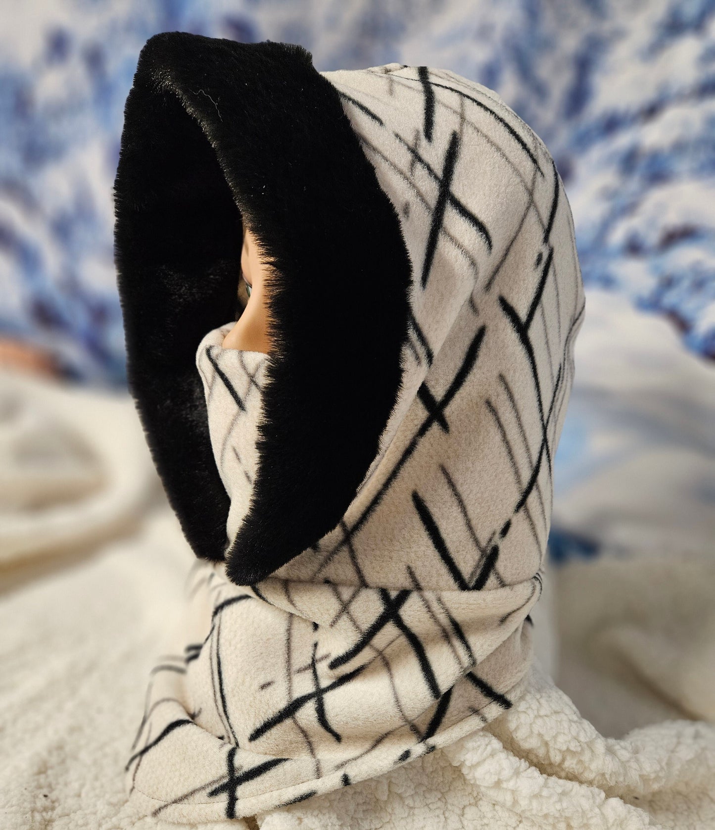Beige with Black and Grey Spikes Anti Pill Fleece Small Balaclava with Rabbit Faux Fur Trim, Faux Fur Winter Hoods