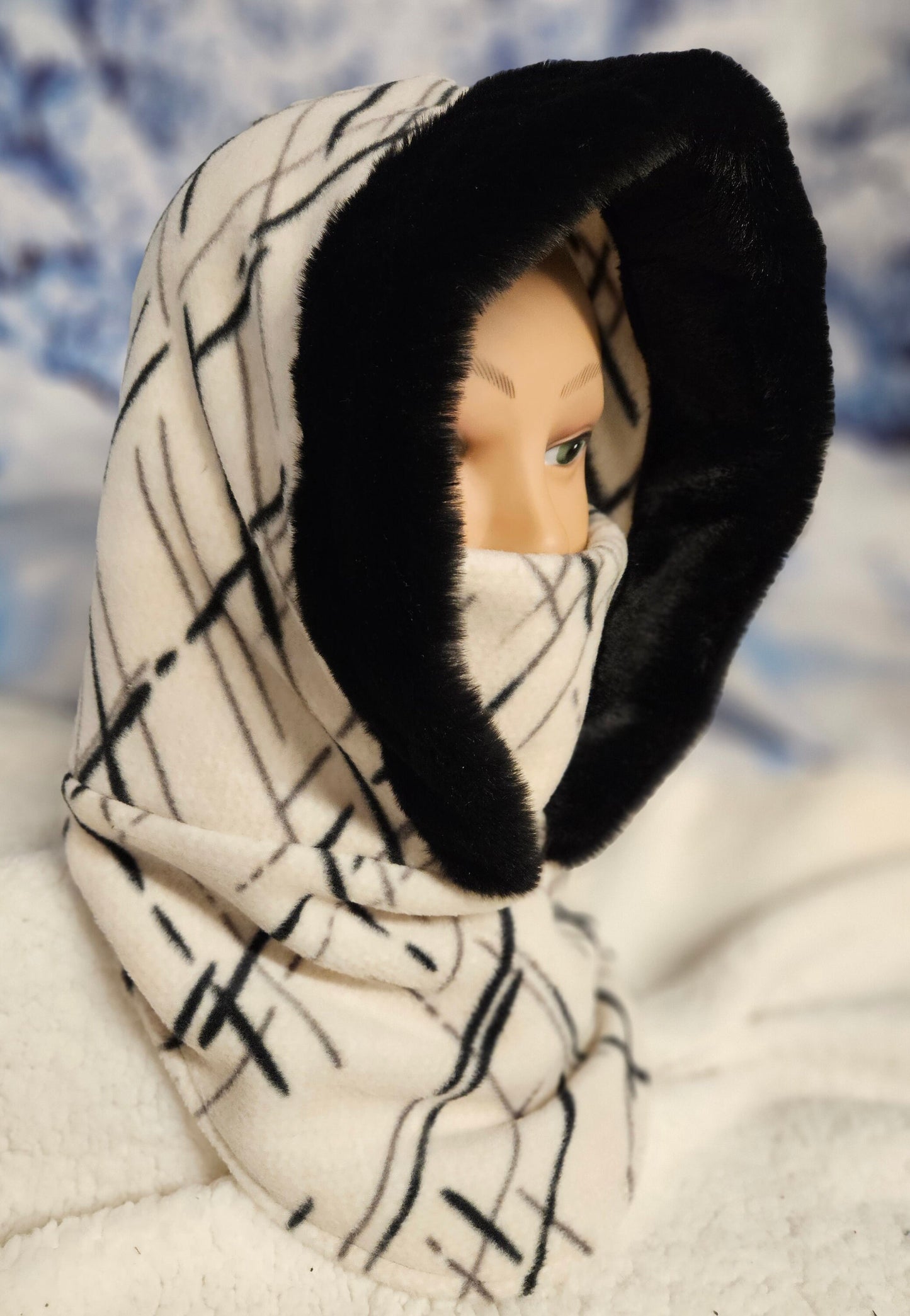 Beige with Black and Grey Spikes Anti Pill Fleece Small Balaclava with Rabbit Faux Fur Trim, Faux Fur Winter Hoods
