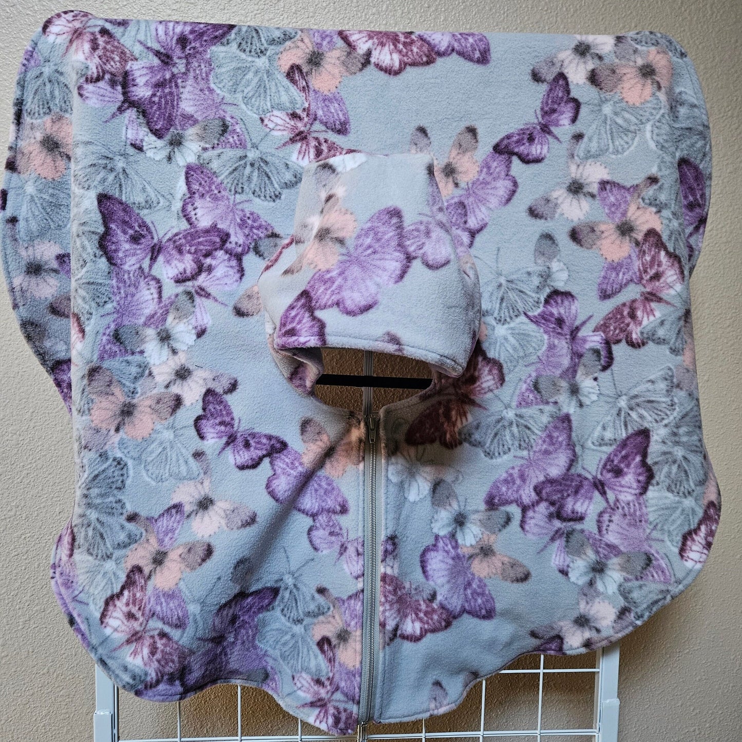 Butterflies Poncho, Car Seat Poncho, Toddler Poncho; Purple and Gray Butterflies; zippered cape