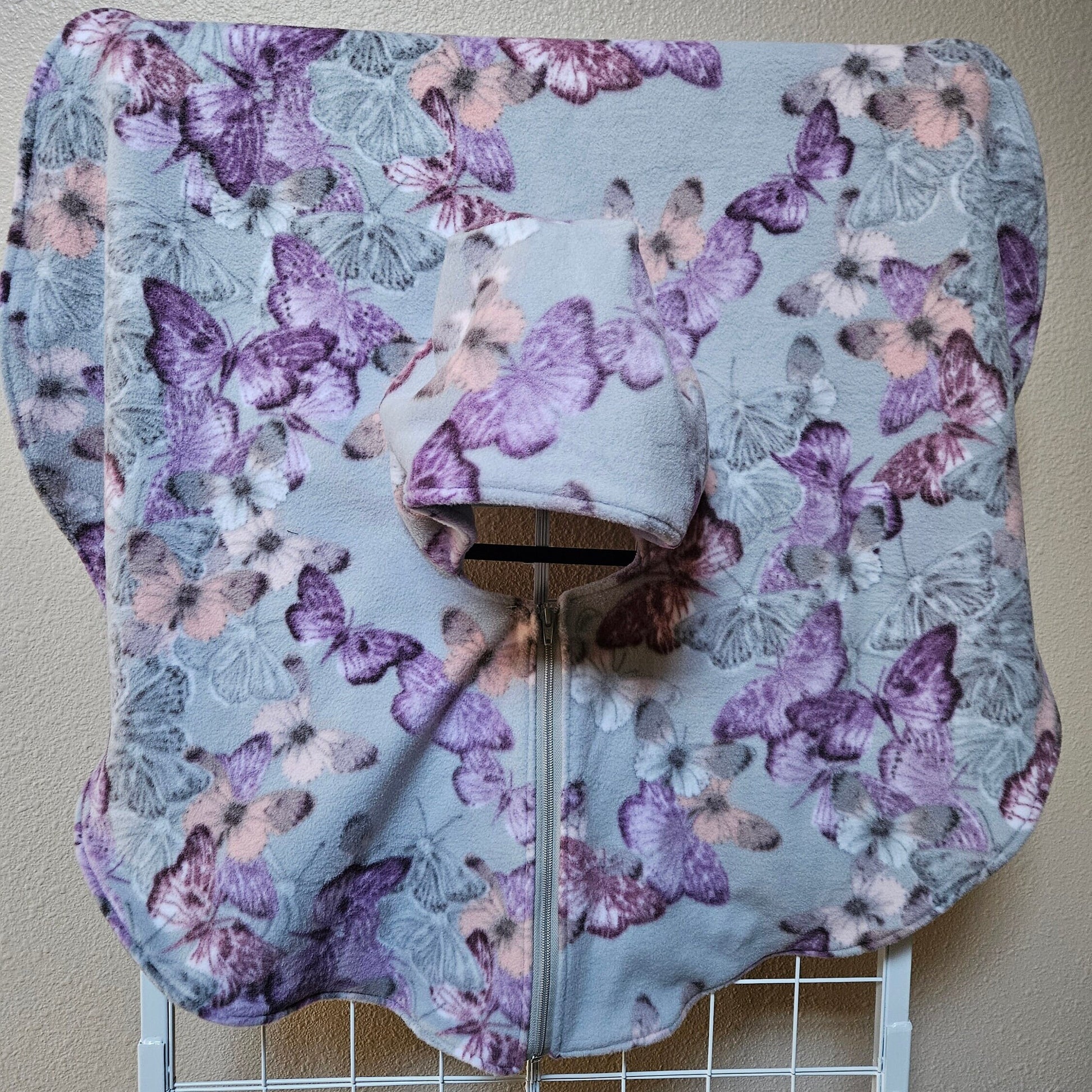 Butterflies Poncho, Car Seat Poncho, Toddler Poncho; Purple and Gray Butterflies; zippered cape