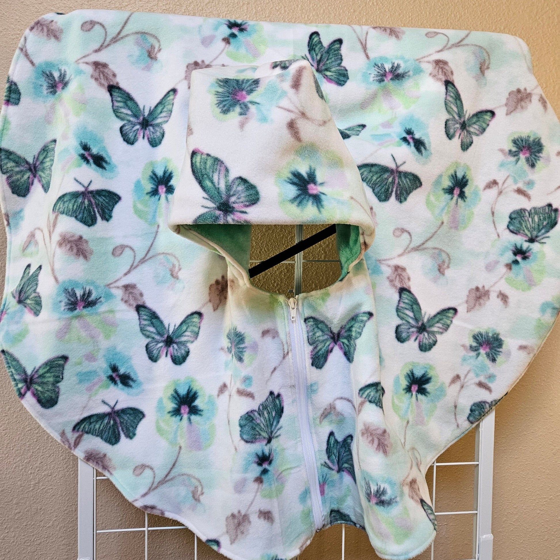 Butterflies Poncho, Car Seat Poncho, Toddler Poncho; Blue Green Butterflies; zippered cape