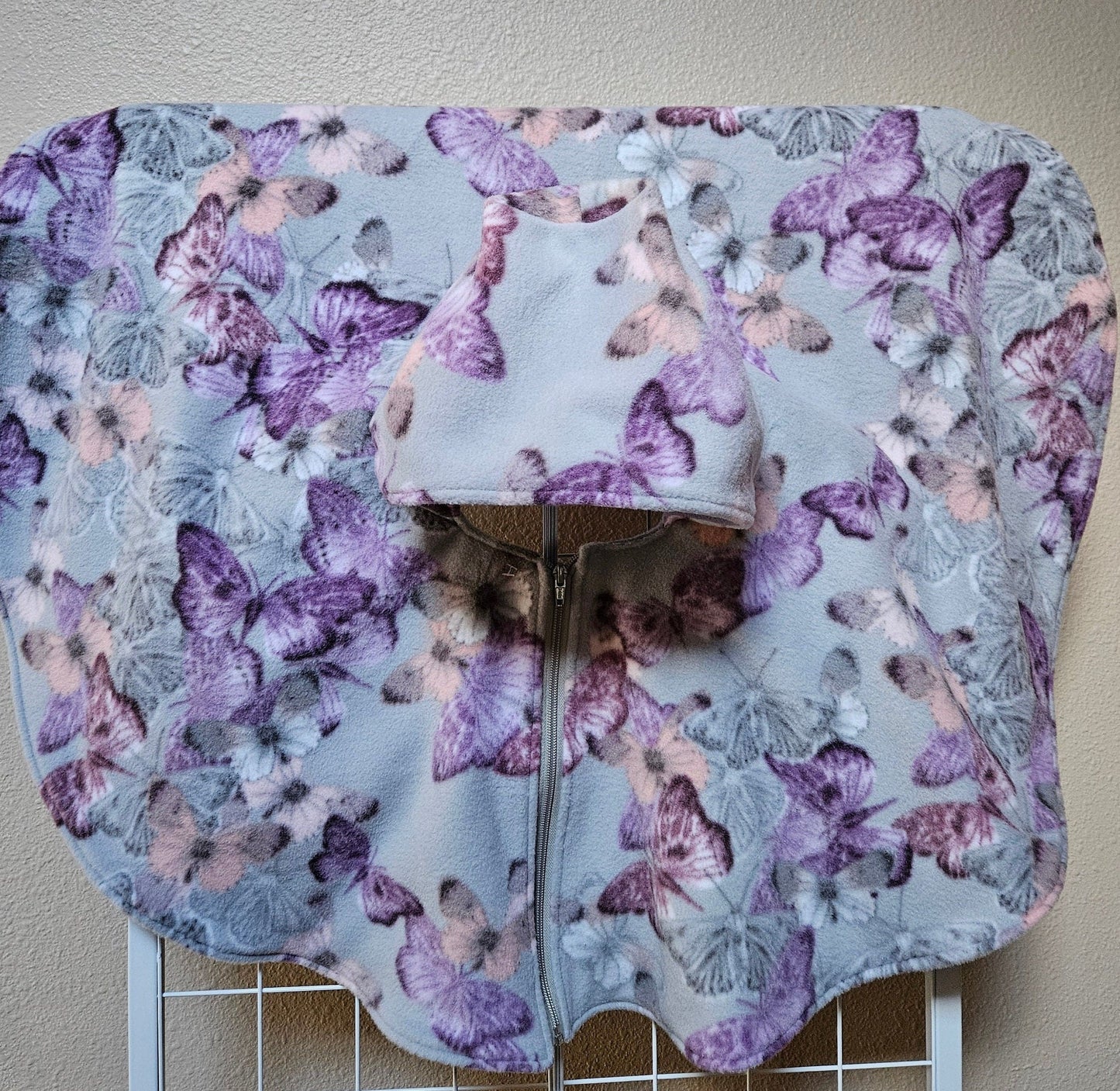 Butterflies Poncho, Car Seat Poncho, Toddler Poncho; Purple and Gray Butterflies; zippered cape