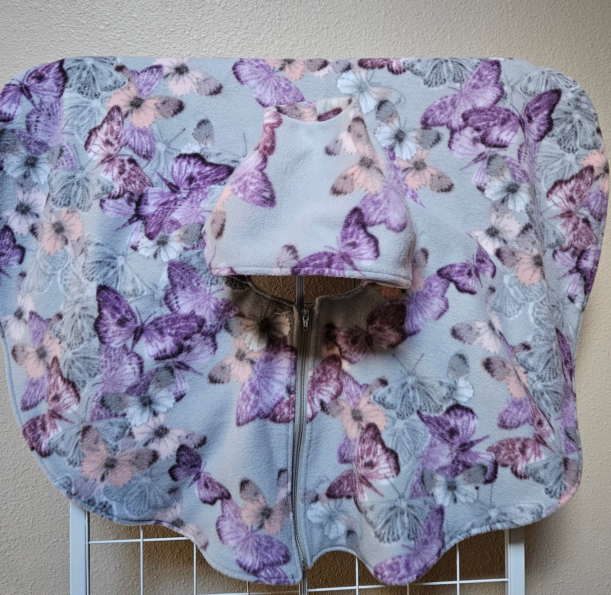 Butterflies Poncho, Car Seat Poncho, Toddler Poncho; Purple and Gray Butterflies; zippered cape