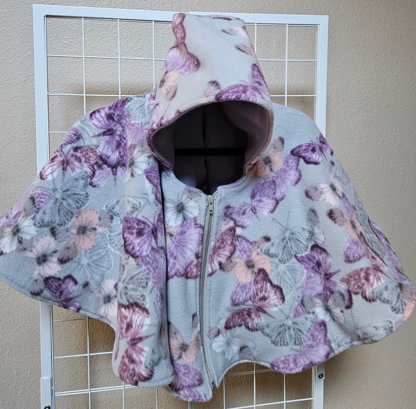Butterflies Poncho, Car Seat Poncho, Toddler Poncho; Purple and Gray Butterflies; zippered cape
