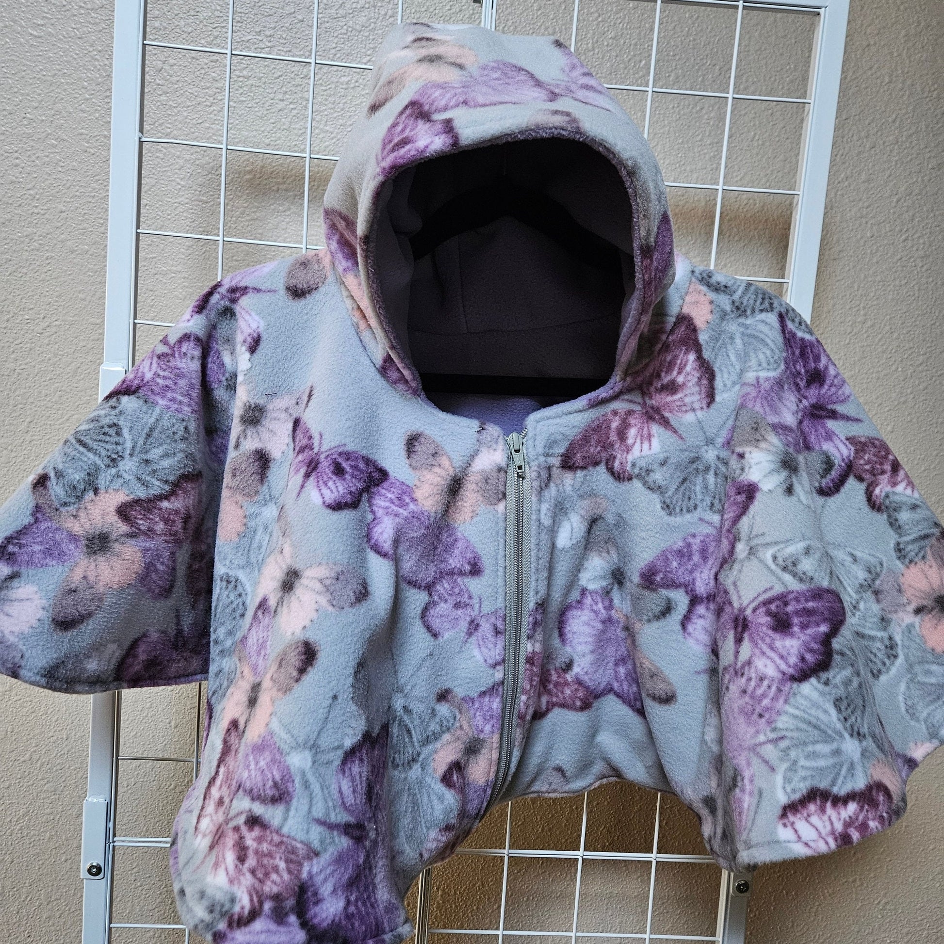 Butterflies Poncho, Car Seat Poncho, Toddler Poncho; Purple and Gray Butterflies; zippered cape