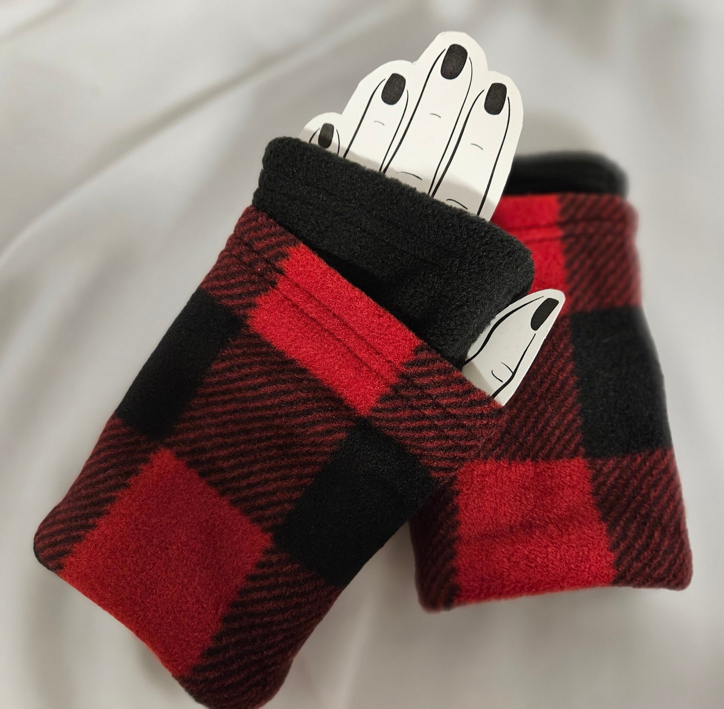 Red and Black Buffalo Check Fleece Fingerless Gloves