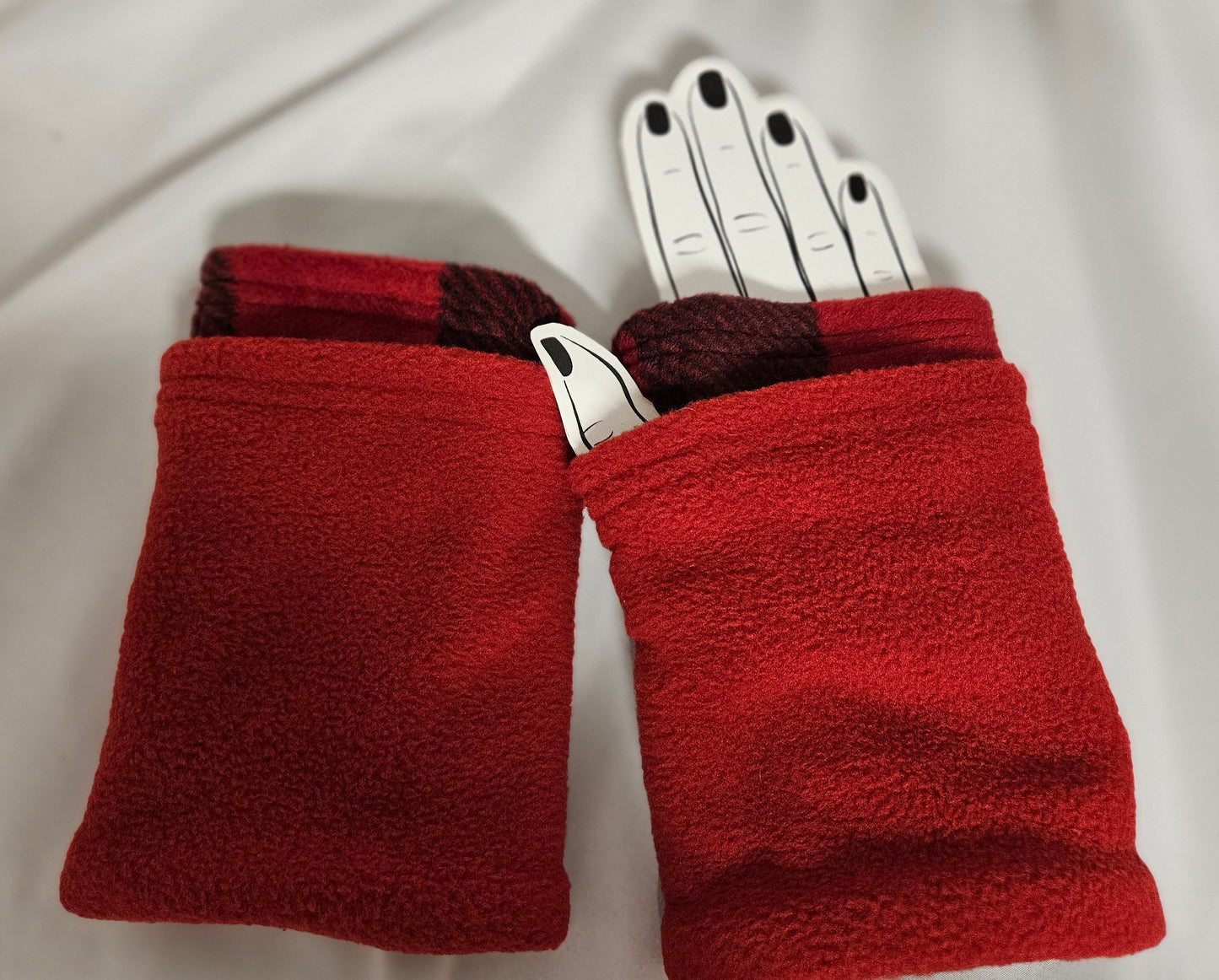 Red Fleece with Red and Black Buffalo Check Fleece Fingerless Gloves