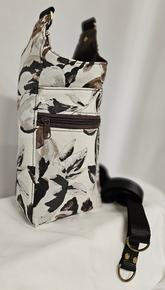 Large Floral Tan Cotton Canvas H2O Sling Bag, Crossbody Sling, Travel Sling for water bottles