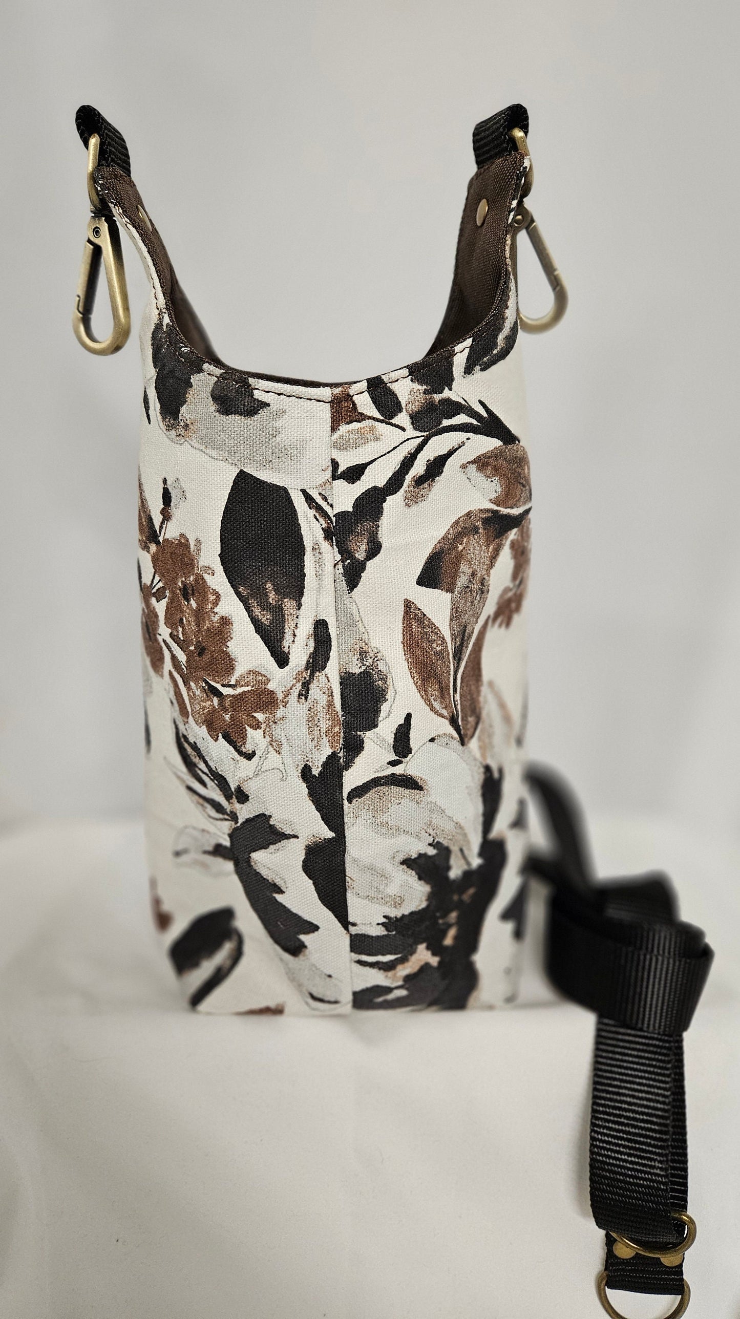 Large Floral Tan Cotton Canvas H2O Sling Bag, Crossbody Sling, Travel Sling for water bottles
