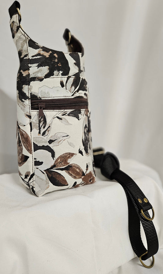 Large Floral Tan Cotton Canvas H2O Sling Bag, Crossbody Sling, Travel Sling for water bottles
