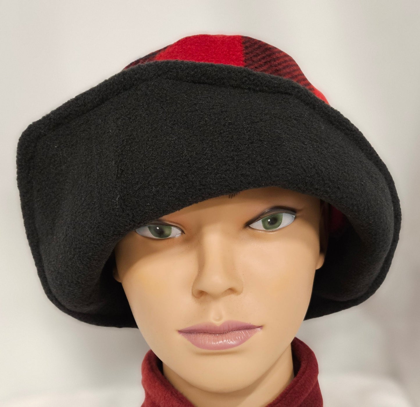 Red and Black Buffalo Check with Black Flapper Anti Pill Fleece Winter Flapper Hat