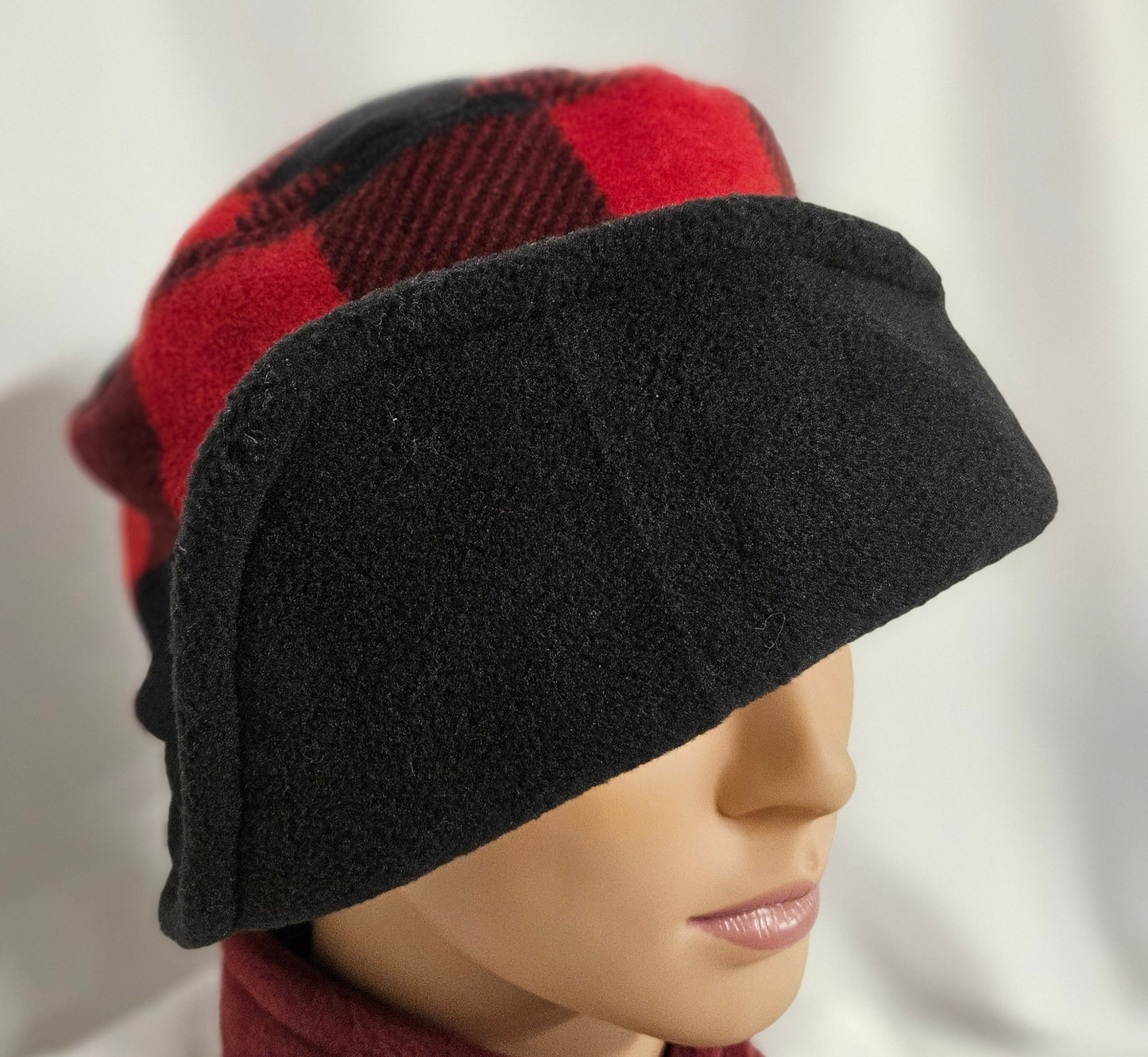 Red and Black Buffalo Check with Black Flapper Anti Pill Fleece Winter Flapper Hat
