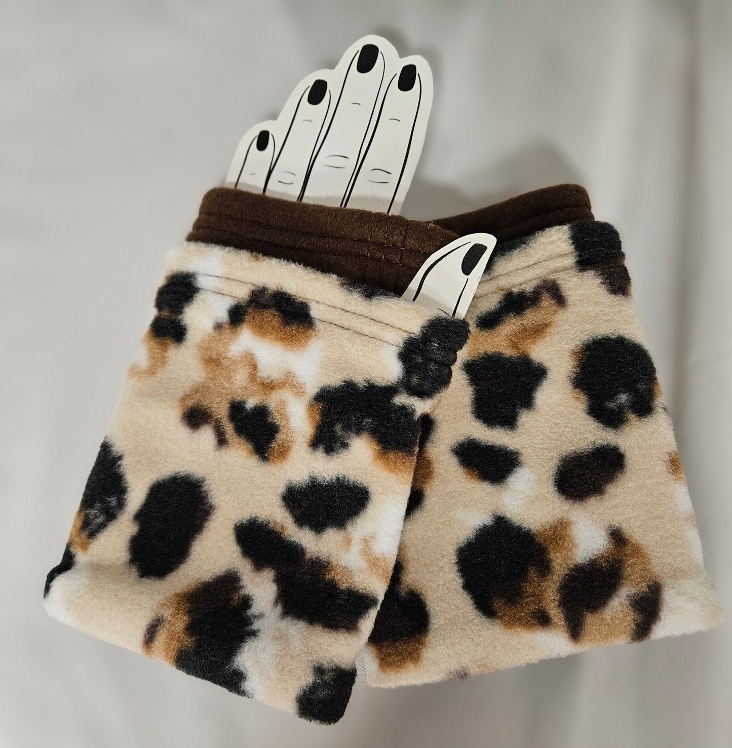 Animal Spots Fleece Fall and Winter Fashion Hat with Animal Print Visor and Brown Band and Ear Warmer; Women's Fleece Hat with Visor