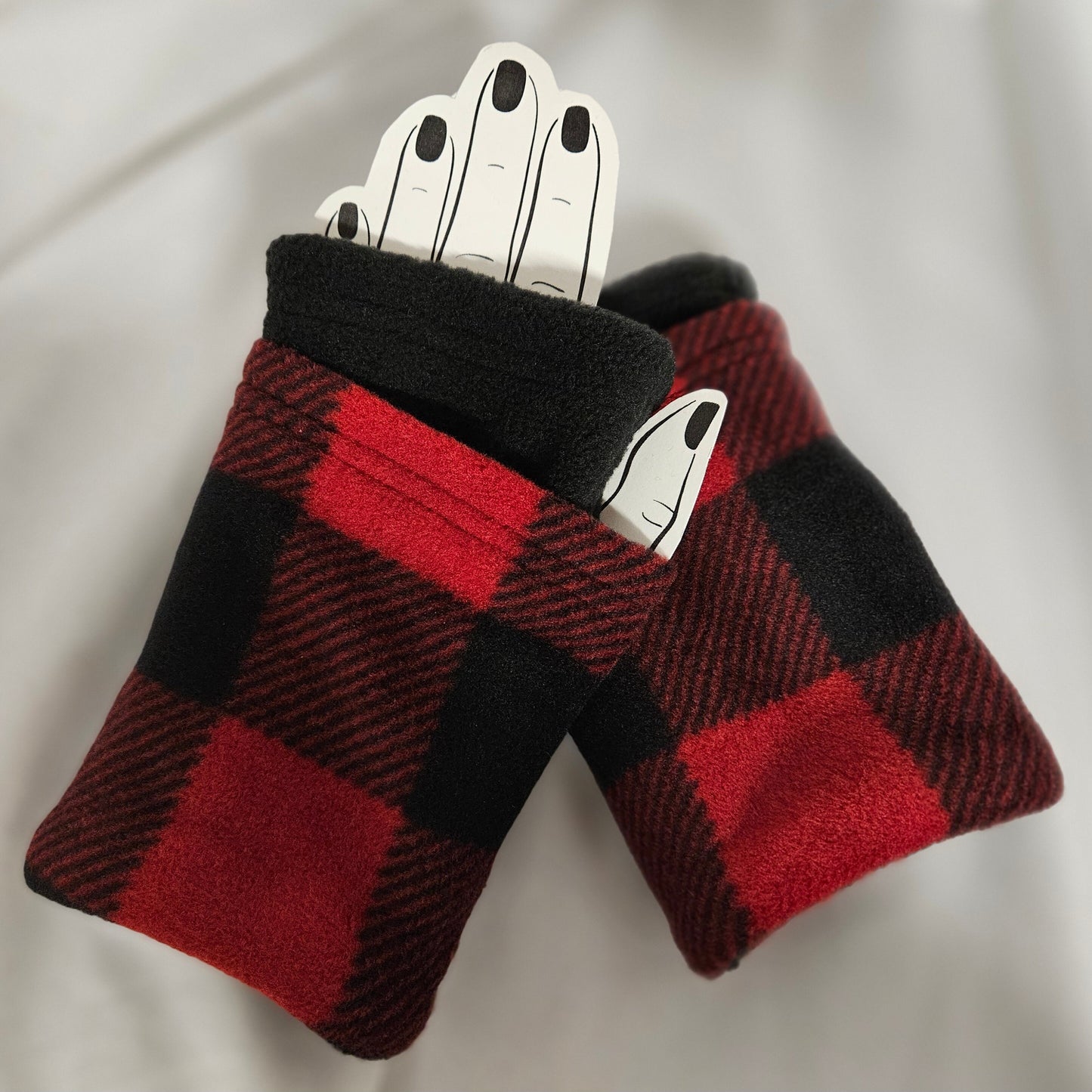 Red and Black Buffalo Check Fleece Fingerless Gloves