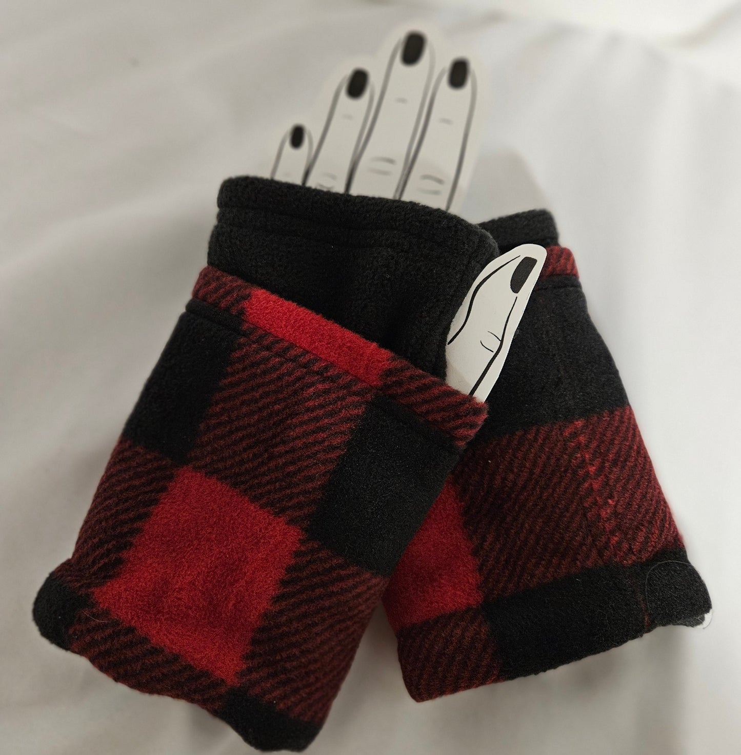 Red and Black Buffalo Check Fleece Fingerless Gloves