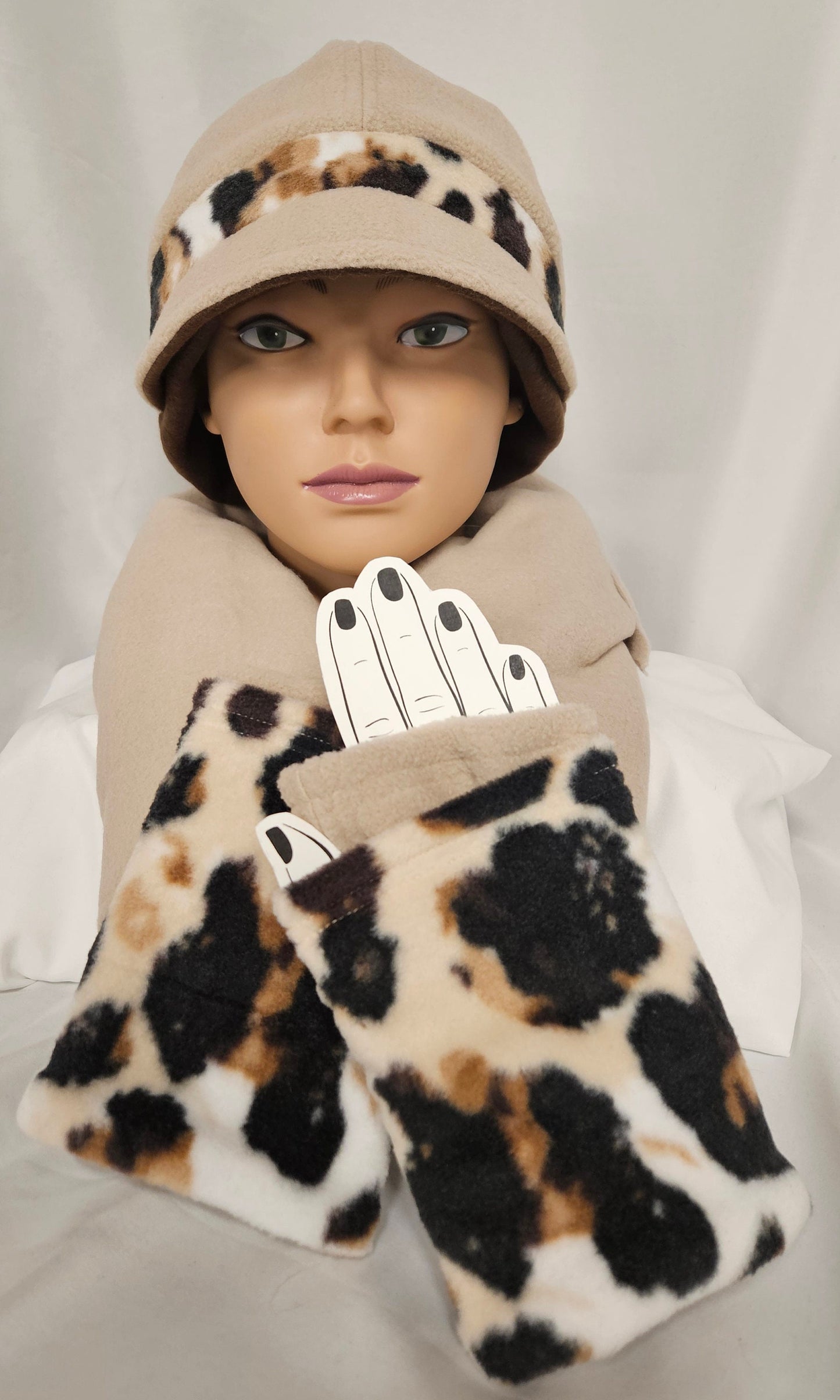 Beige Winter Fashion Hat with Animal Spots Band and Brown Ear Warmer; Women's Fleece Hat with Visor