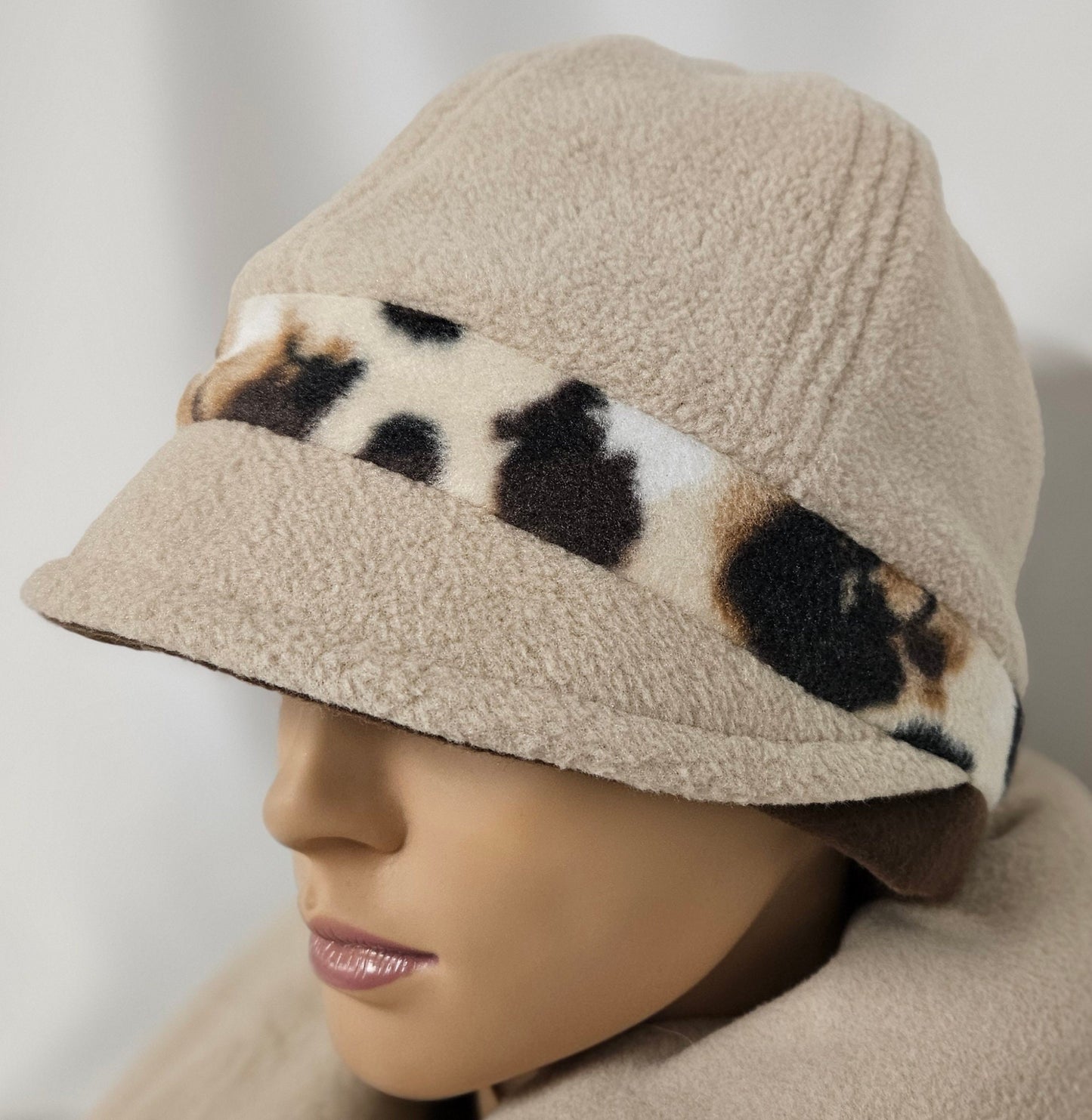 Beige Winter Fashion Hat with Animal Spots Band and Brown Ear Warmer; Women's Fleece Hat with Visor