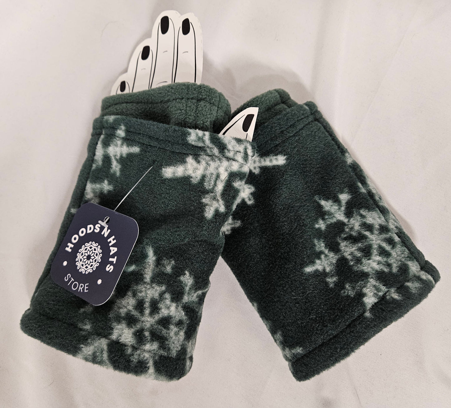 Green With White Snowflakes Fleece Fingerless Gloves