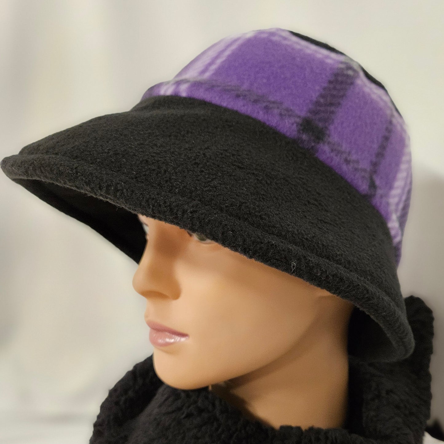 Purple Plaid Print Fleece Wide Brim Winter Rosie Hat