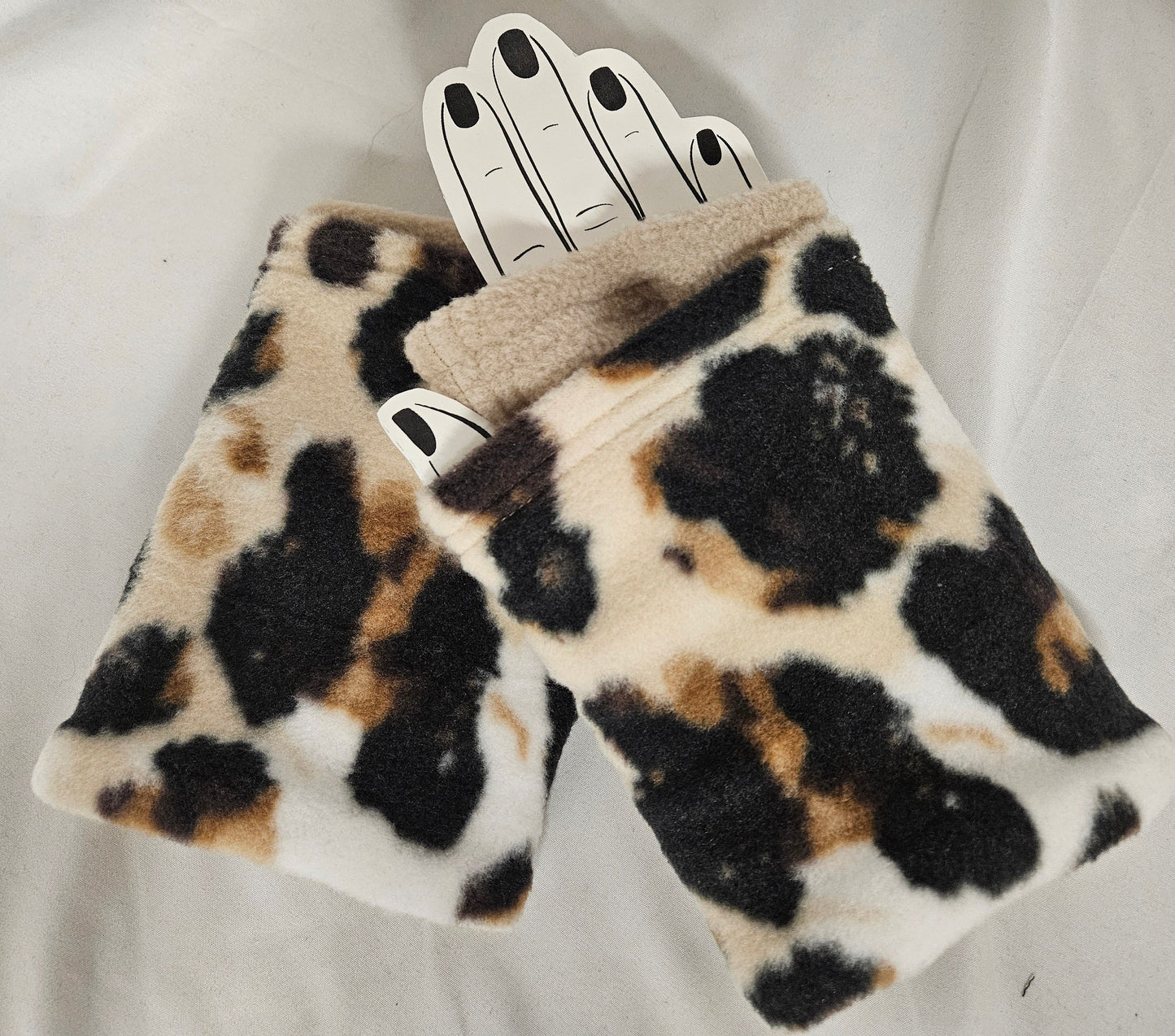 Beige Winter Fashion Hat with Animal Spots Band and Brown Ear Warmer; Women's Fleece Hat with Visor