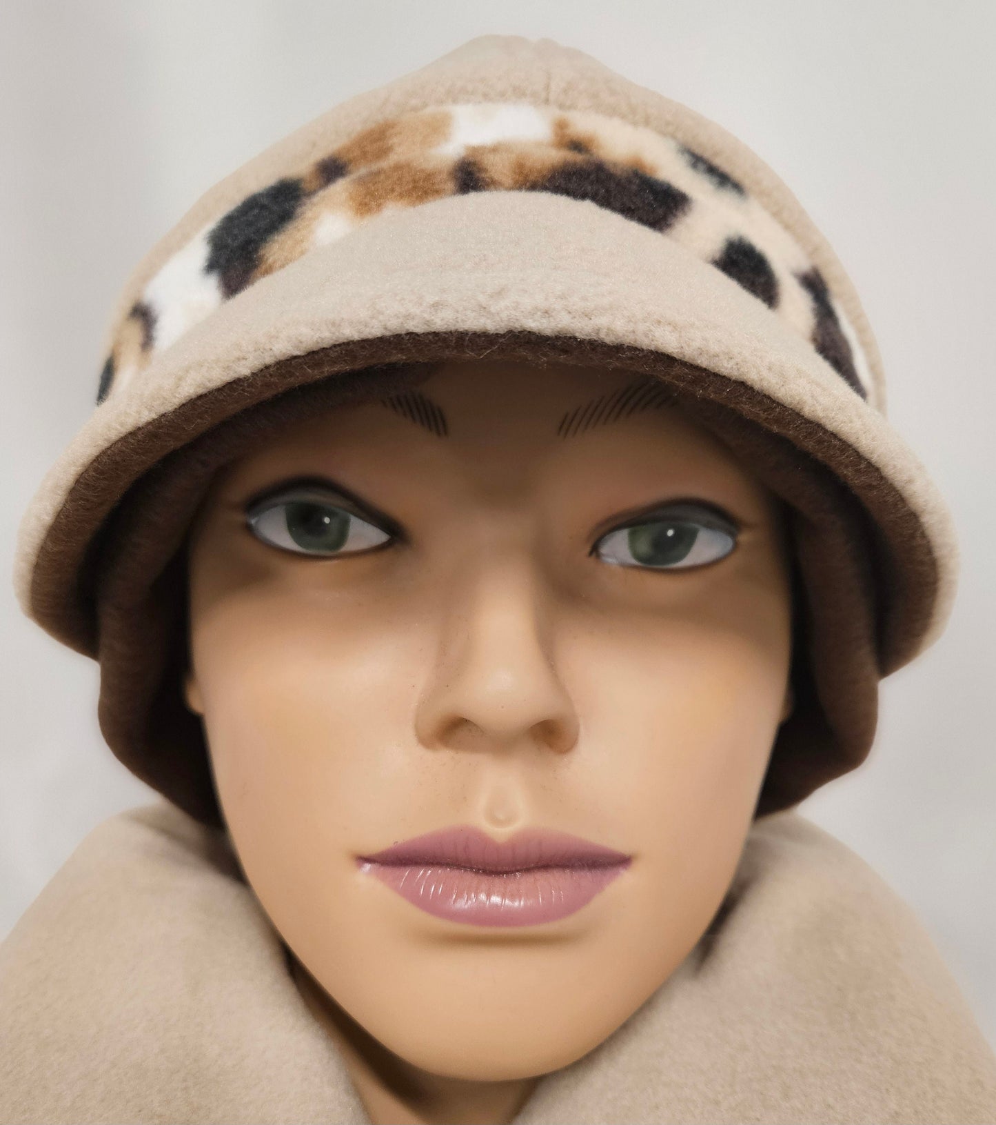 Beige Winter Fashion Hat with Animal Spots Band and Brown Ear Warmer; Women's Fleece Hat with Visor