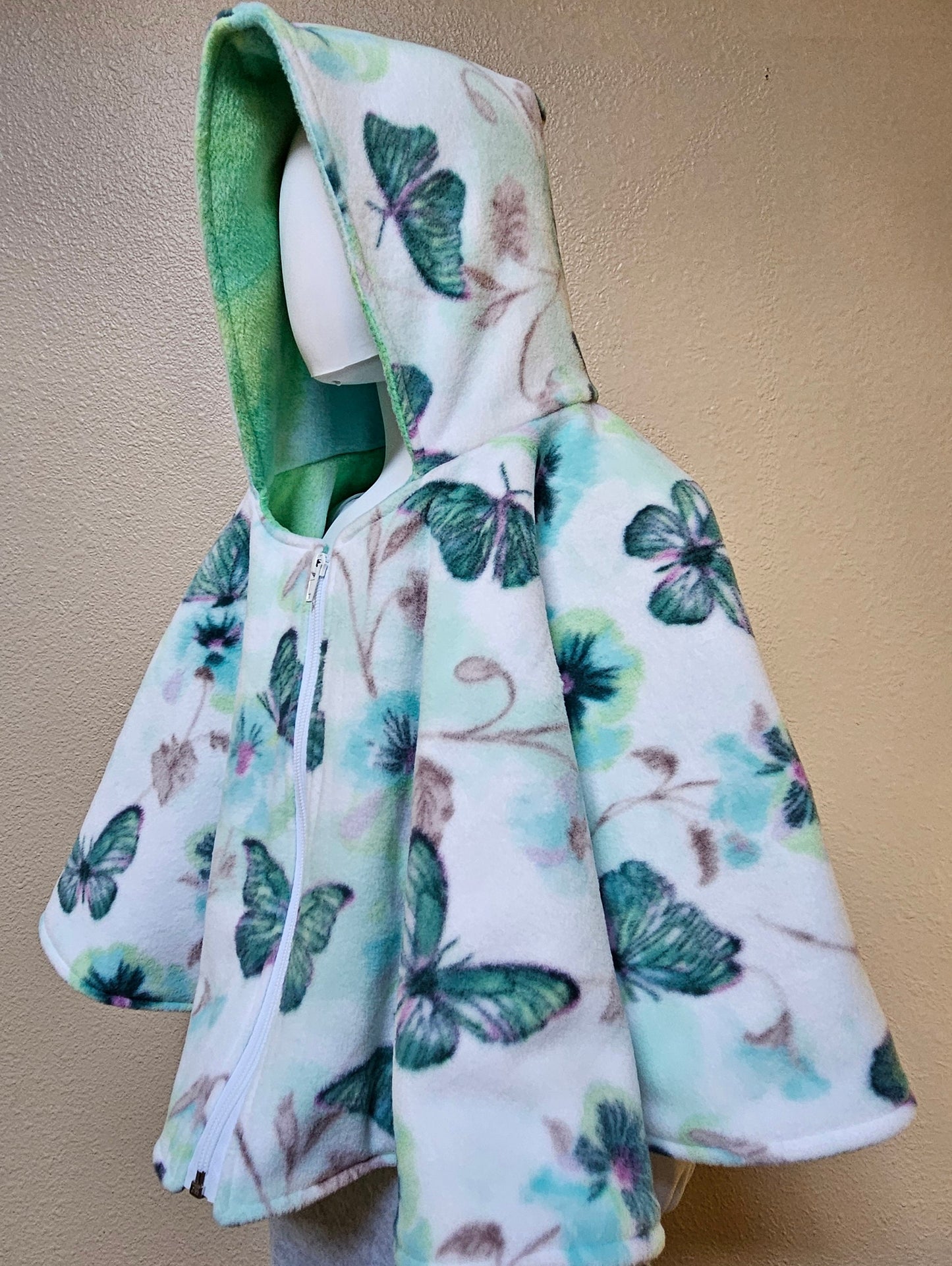 Butterflies Poncho, Car Seat Poncho, Toddler Poncho; Blue Green Butterflies; zippered cape