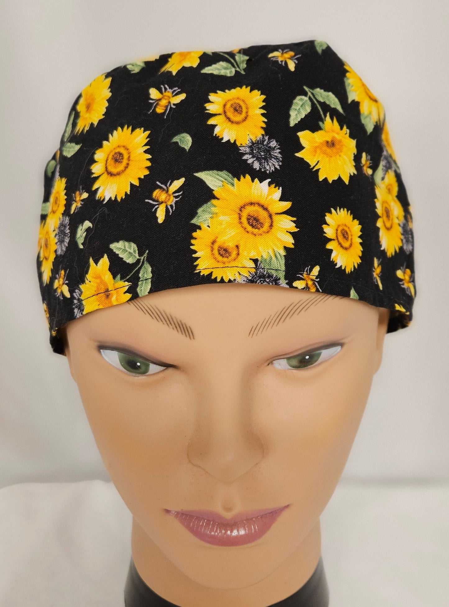 Sunflower Print Scrub Cap with hook and loop fasteners