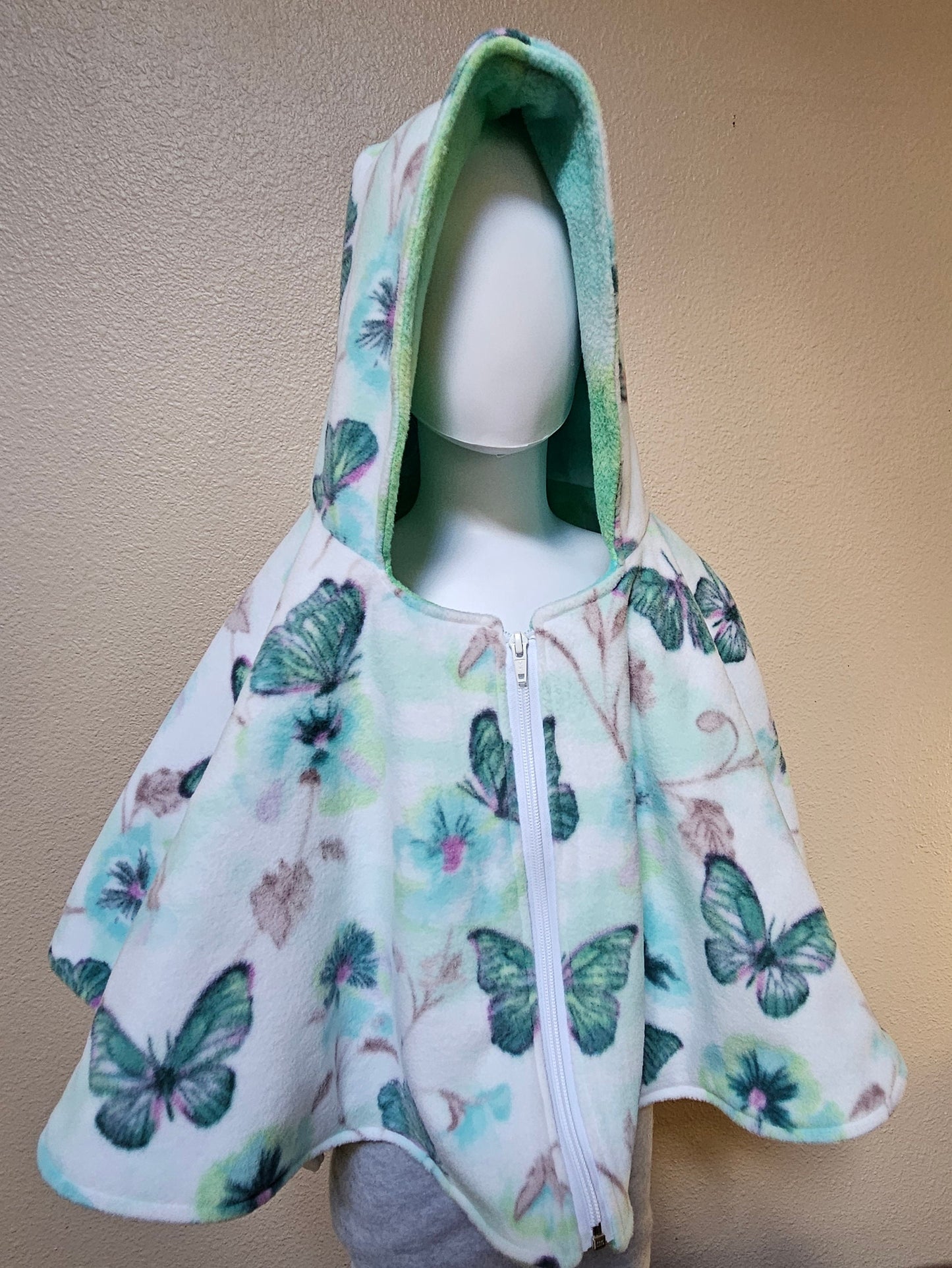 Butterflies Poncho, Car Seat Poncho, Toddler Poncho; Blue Green Butterflies; zippered cape