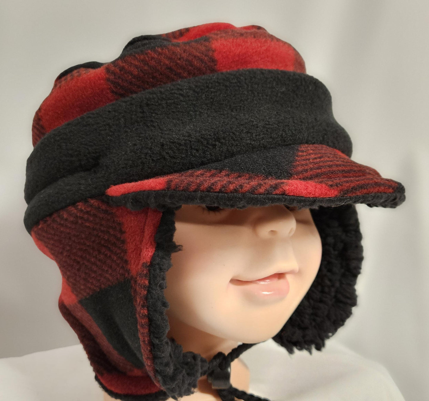 Red and Black Buffalo Check Fleece Aviator Hat with Visor
