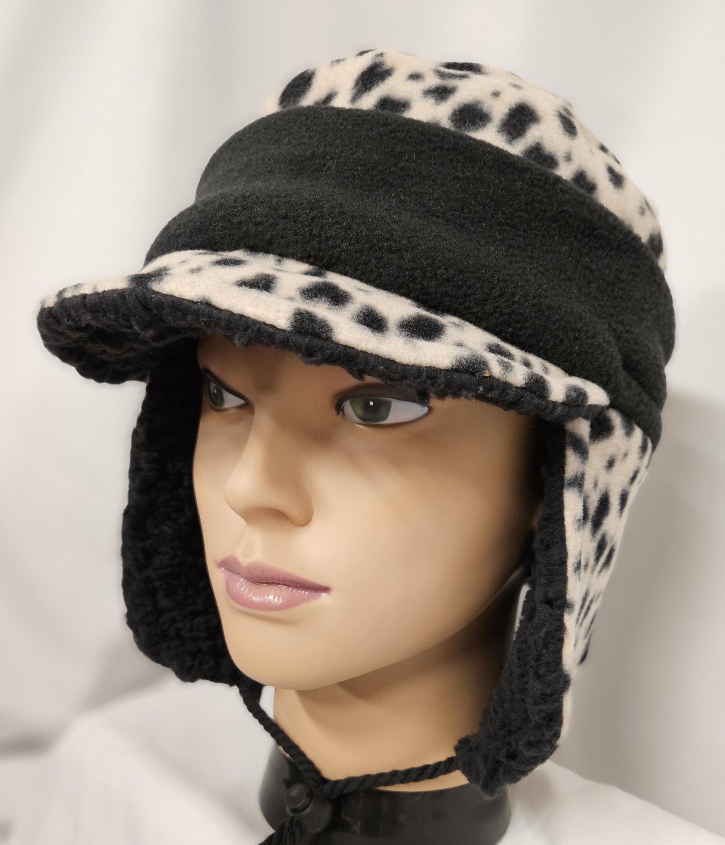Black Spots on Beige Fleece Aviator Hat with Visor