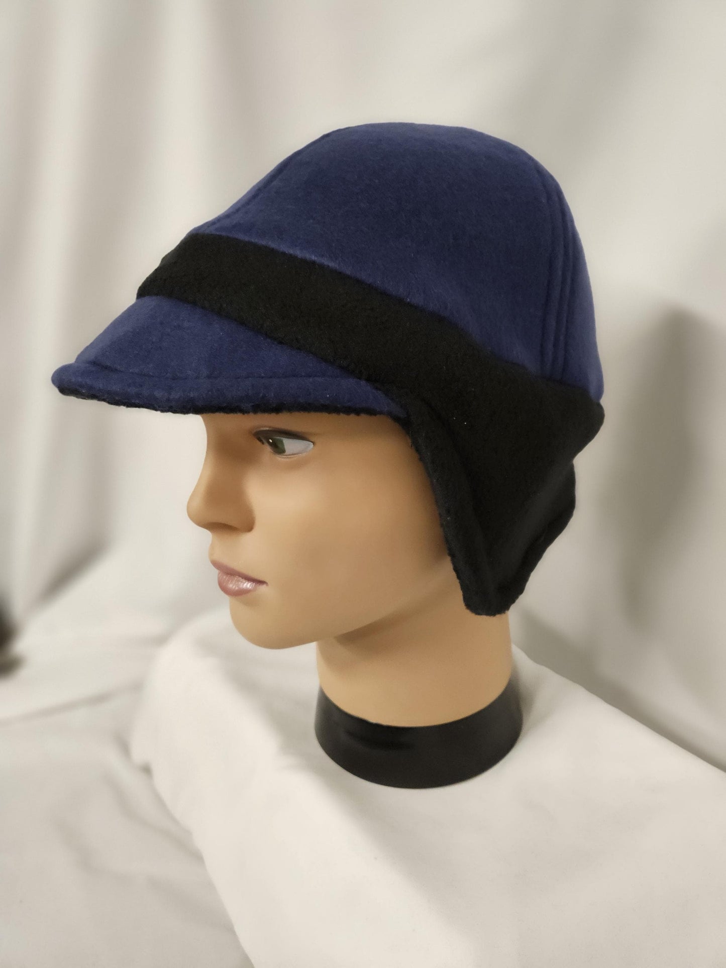 Blue with Black Trim Fleece Winter Cap with Visor: Fleece Winter Cap with Visor, unisex with ear protection, Medium Size 22.5" circumference