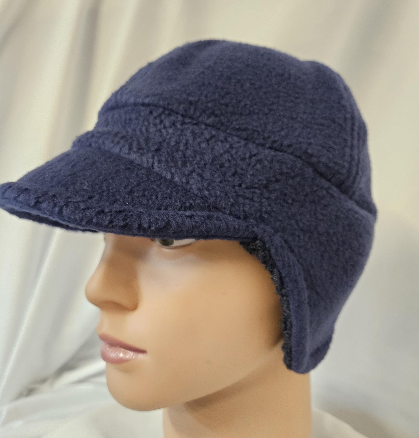 Navy Blue Fleece Winter Cap with Visor with sherpa lining: Fleece Winter Cap, unisex with ear protection, Medium Size 22.5" circumference