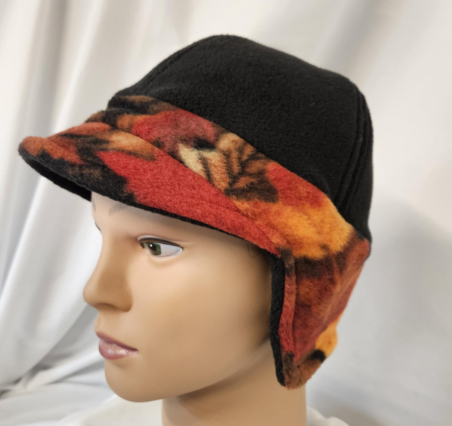 Black and Autumn Leaves Print Fleece Winter Cap with Visor: Fleece Winter Cap with Visor with ear protection, Med Size 22.5" circumference