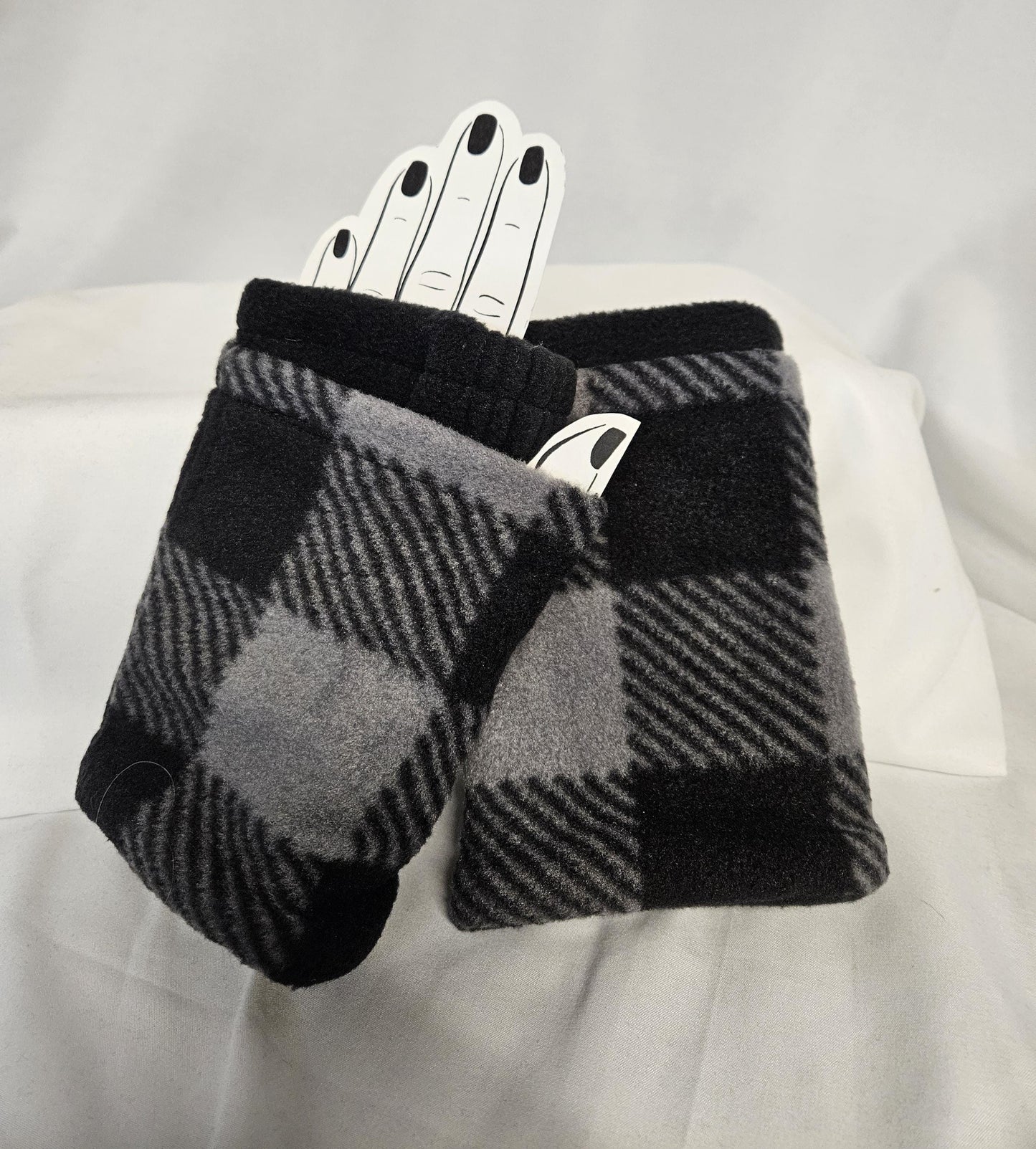 Black and Gray Buffalo Check Fleece Fingerless Gloves; Fleece Fingerless Gloves Winter Warm Half Finger Gloves Half Mitten, texting gloves