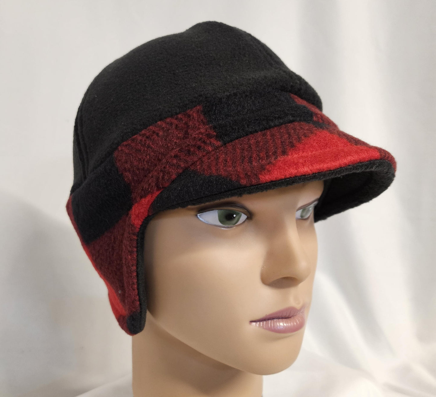Black and Red Buffalo Check Fleece Winter Cap with Visor: Fleece Winter Cap with Visor with ear protection, Medium Size 22.5" circumference