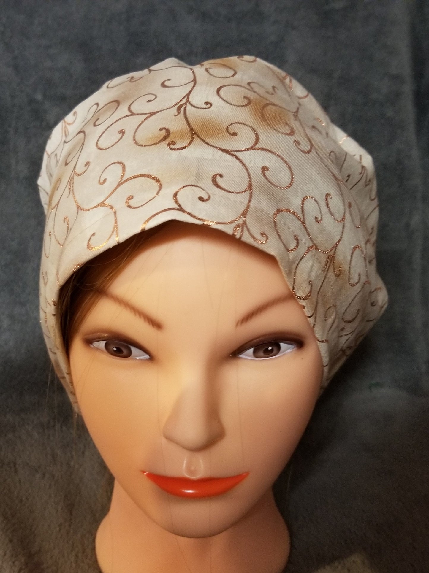 Beige Background with Copper Swirls Pixie Style Scrub Cap, Euro style scrub cap
