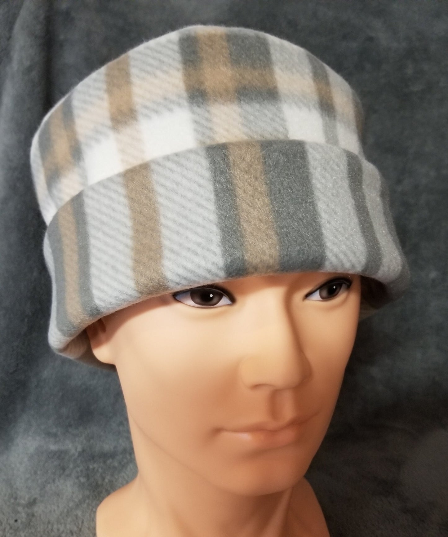 Gray Plaid Fleece Pillbox Hat
